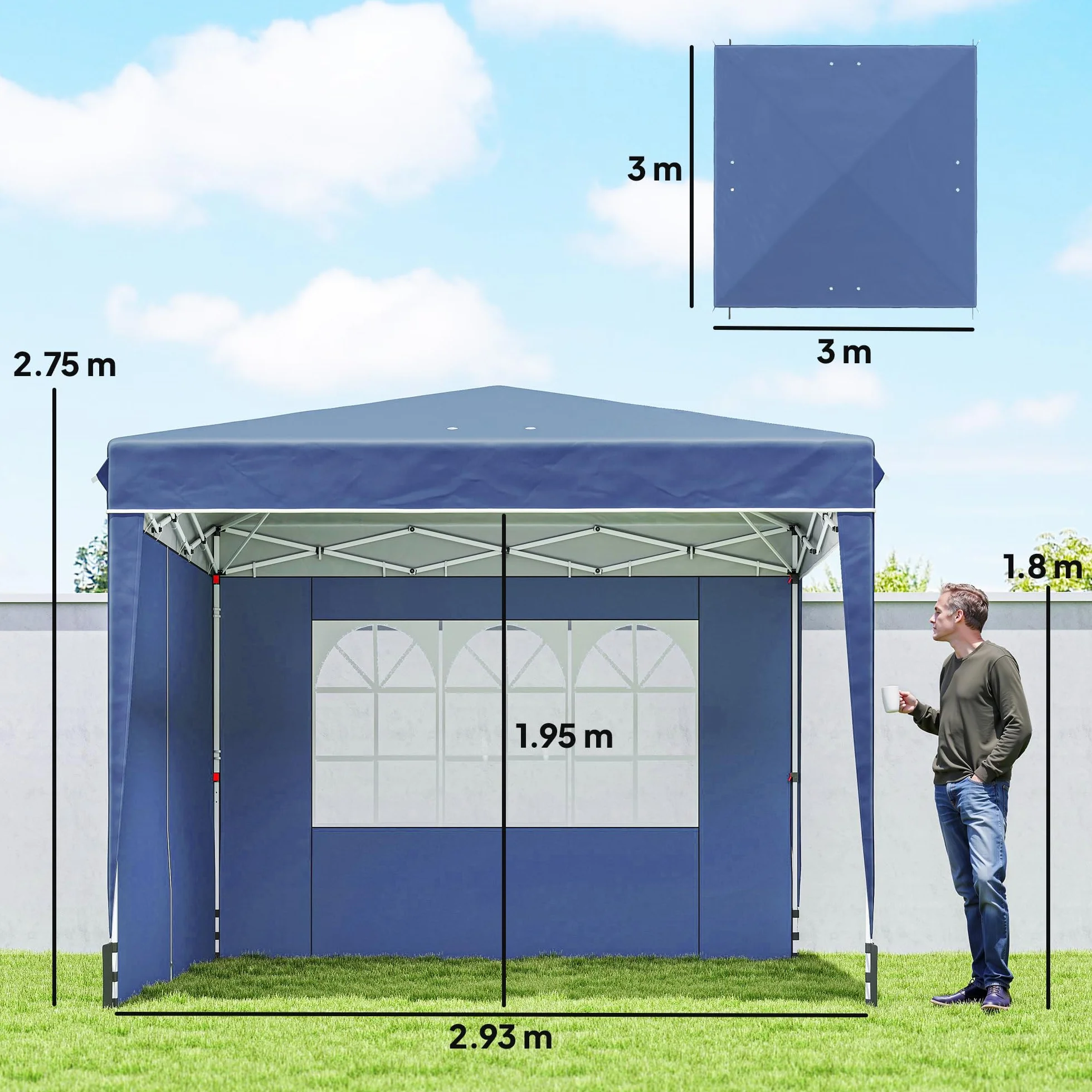 Outsunny Gazebo 3x3m Pieghevole Pop Up Altezza Regolabile, Gazebo da Giardino con Pareti Laterali, UV50+, Blu Scuro