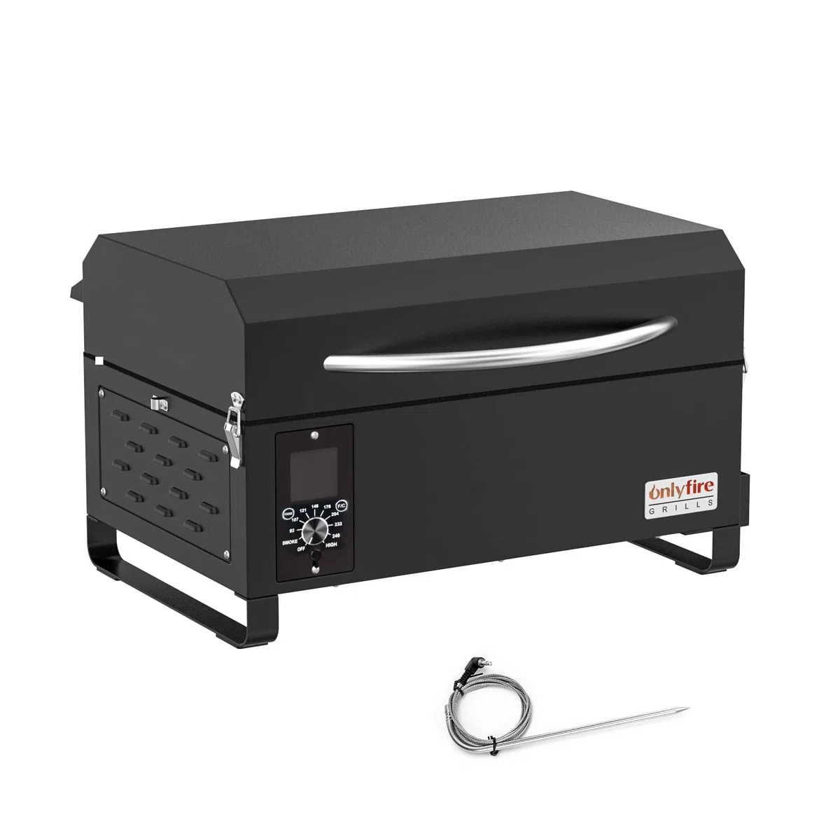Onlyfire Griglia Portatile Nero Per Affumicatore a Pellet, Griglia a Pellet da 80°C - 260°C incl. Sensori di Temperatura Ottimo Per il Tailgating da Campeggio Per Camper