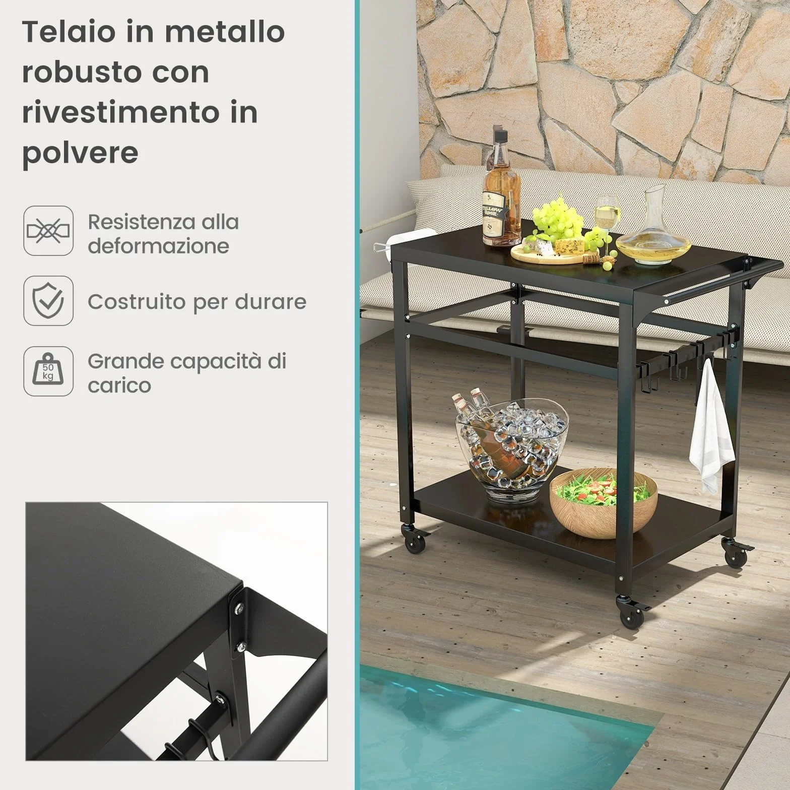 COSTWAY Carrello Barbecue da Esterno in Metallo con 2 Ripiani, 4 Ruote Bloccabili, Ganci, Maniglia Laterale