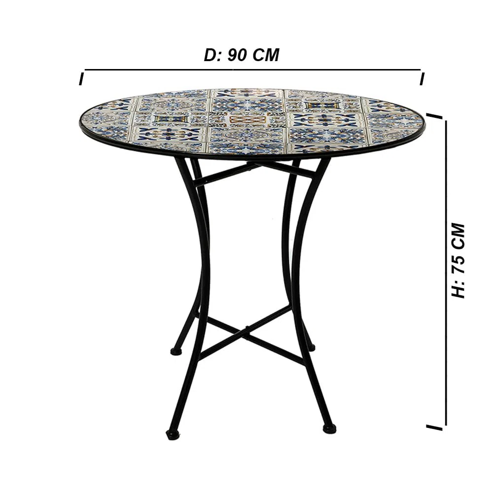 Tavolo rotondo in ferro battuto con piano in ceramica decorazione mosaico diametro 90 cm per giardino o interno stabile per esterni terrazza balcone