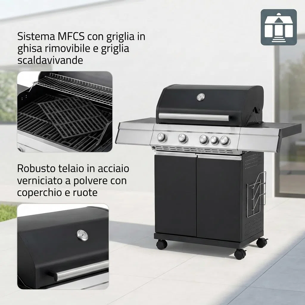 Tarrington House Barbecue a Gas Paxton 4 Bruciatori + Fornello Acciaio Inox Nero Opaco