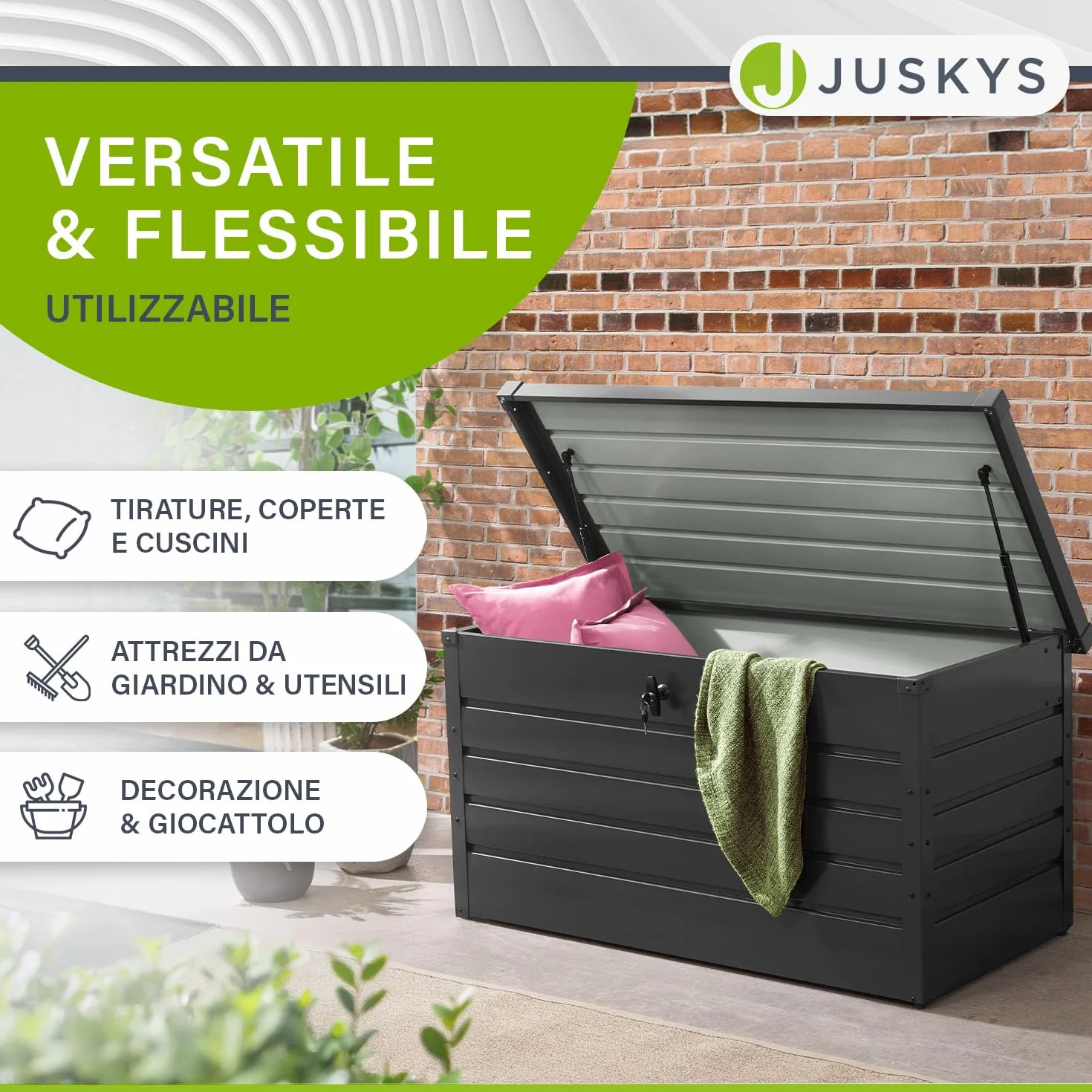 Juskys box di stoccaggio in metallo Limani 380 L – per esterni, impermeabile e chiudibile a chiave – contenitore da giardino per cuscini – antracite