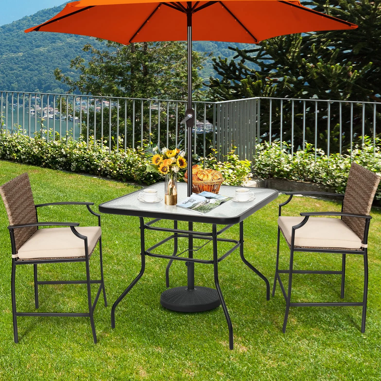 KOMFOTTEU Tavolino Quadrato da Giardino con Foro per Ombrellone, Tavolo da Bistrot con Piano in Vetro e Telaio in Metallo, Tavolo da Caffé Portata fino a 80 kg, per Balcone, Terrazza, Giardino, Nero