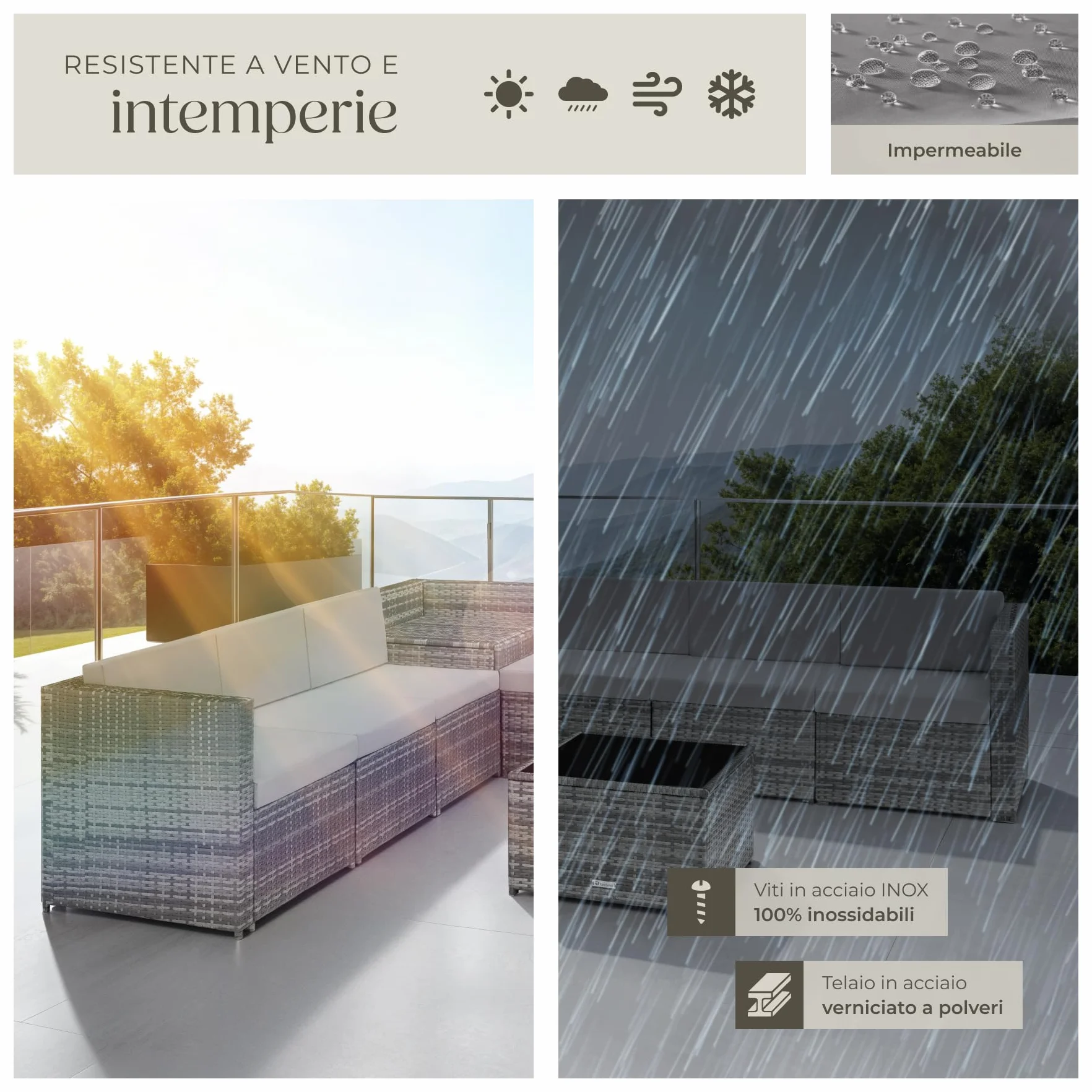 Salottino in Rattan Tectake Set da Conversazioni con Tavolo in Vetro e Box Contenitore Grigio