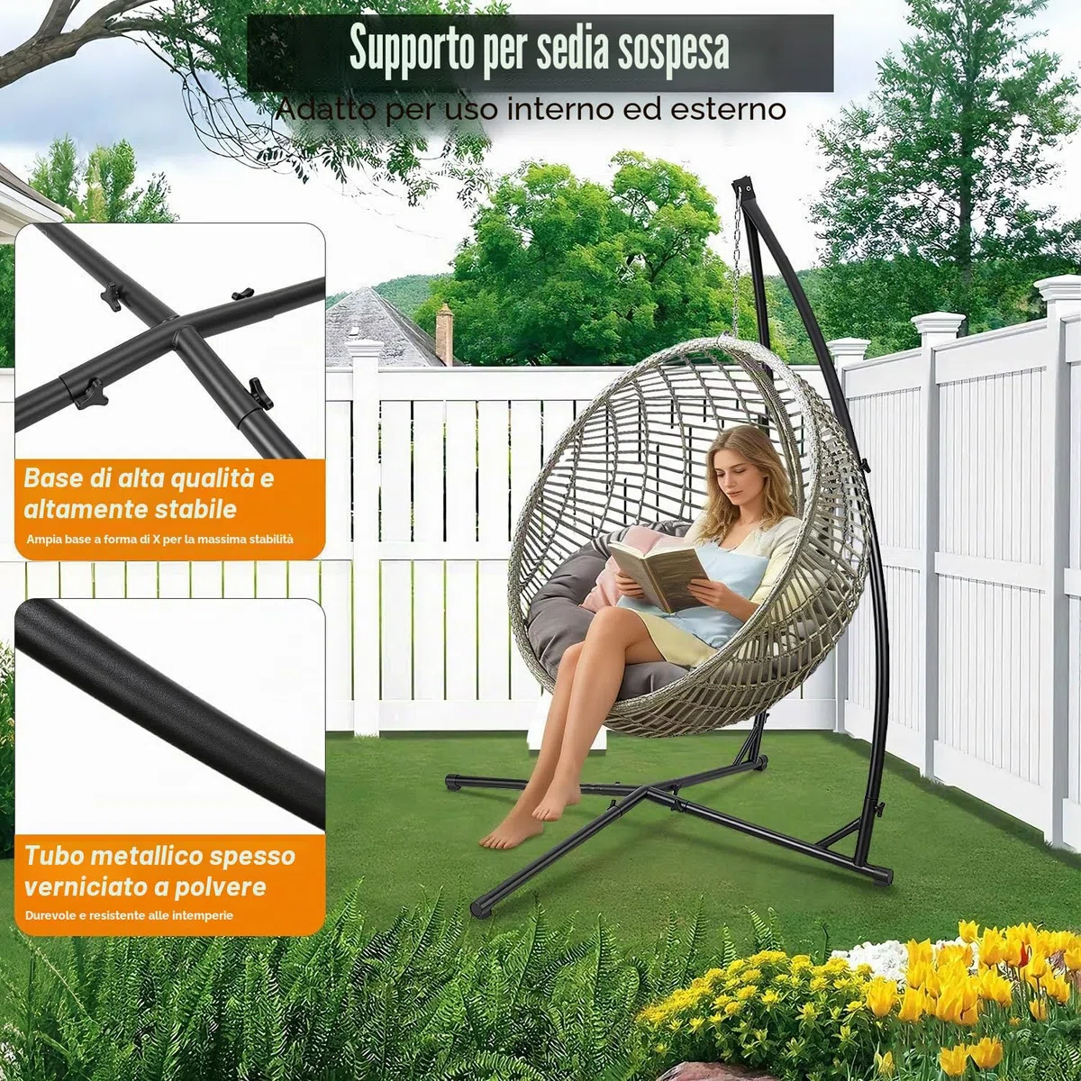 Struttura per sedia sospesa da 150 kg, in metallo, con struttura stabile, supporto per amaca per seduta sospesa, 215 cm, tubo in acciaio per interni ed esterni