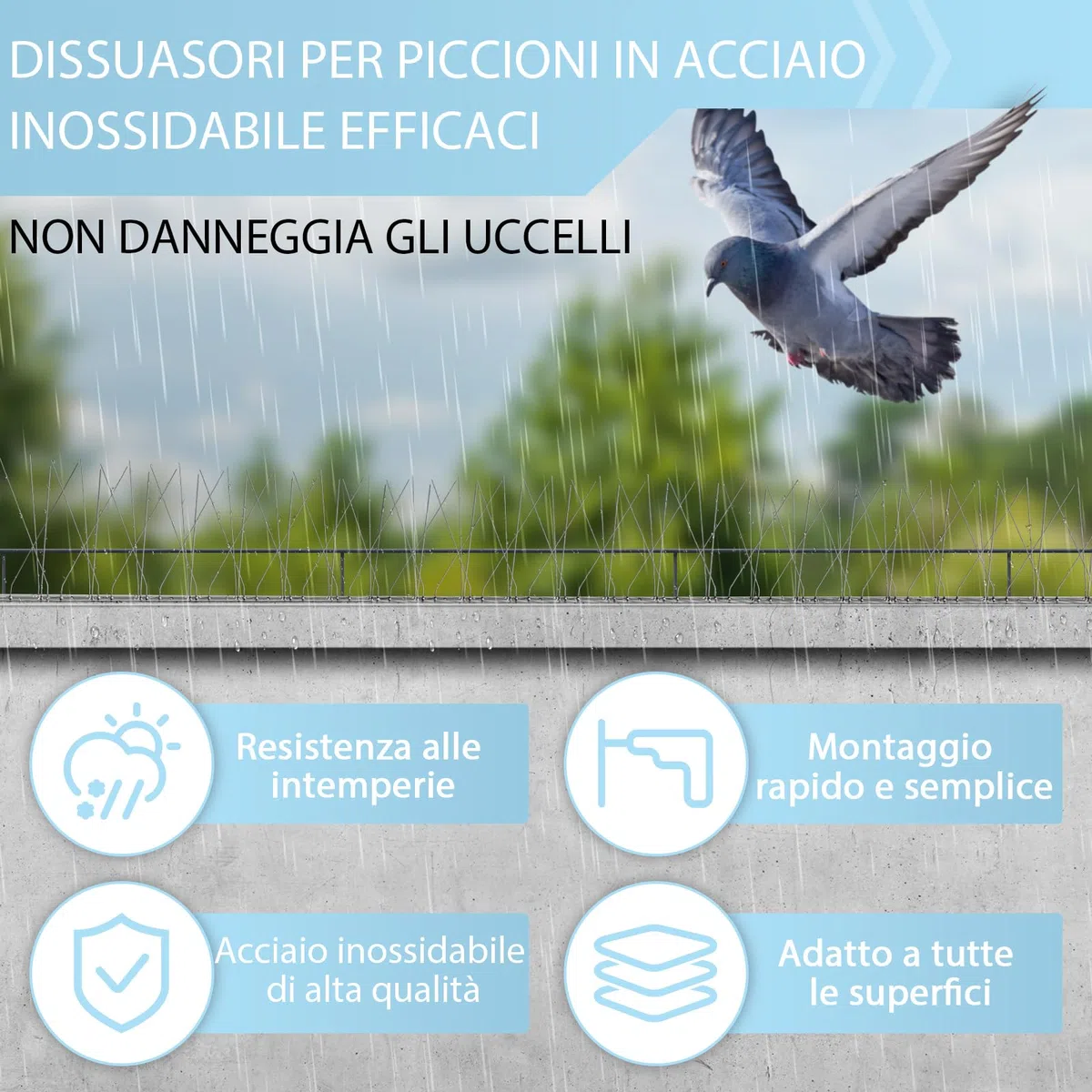Dissuasori per Piccioni 6.6 Metri Acciaio Inox 304 Spuntoni Anti Uccelli 20 Pezzi 33cm