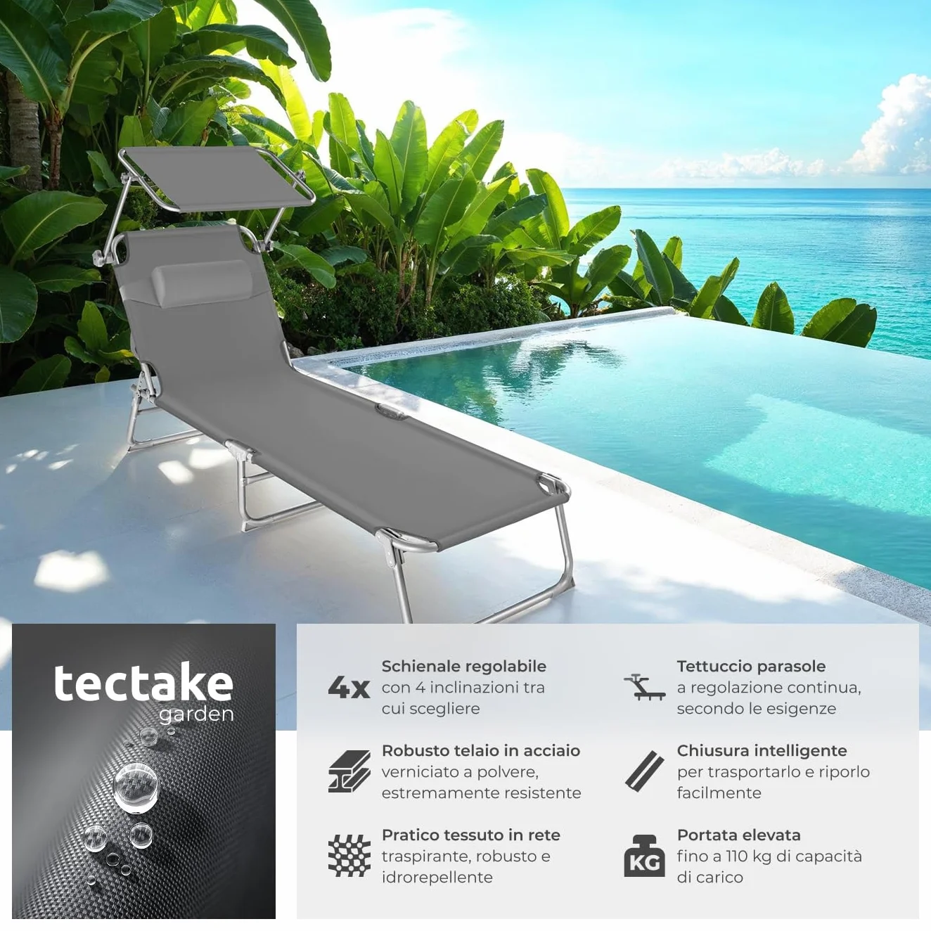 tectake Lettino Pieghevole con Parasole, Schienale Regolabile 4 Posizioni, Rivestimento Resistente - Grigio