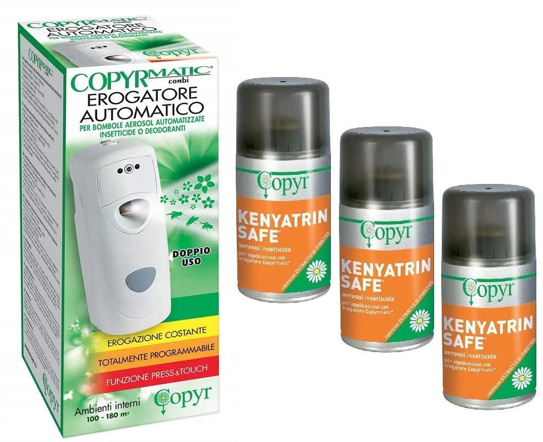 Copyr Kenyatrin Safe e Copyrmatic Combi - Insetticida Antizanzare, Mosche e Insetti Volanti, 3 Bombole 250ml + Erogatore Automatico, Piretro Insetticida Biologico e Repellente Zanzare Casa e Giardino