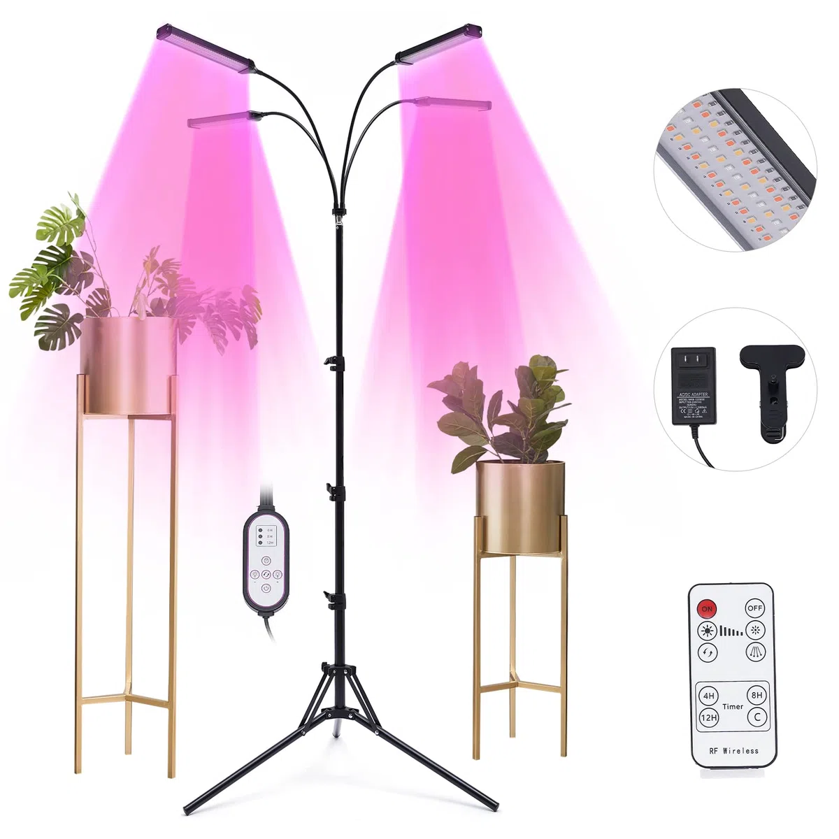 Lampada a 4 teste per piante da interno, luce solare, con clip, per piante e piante