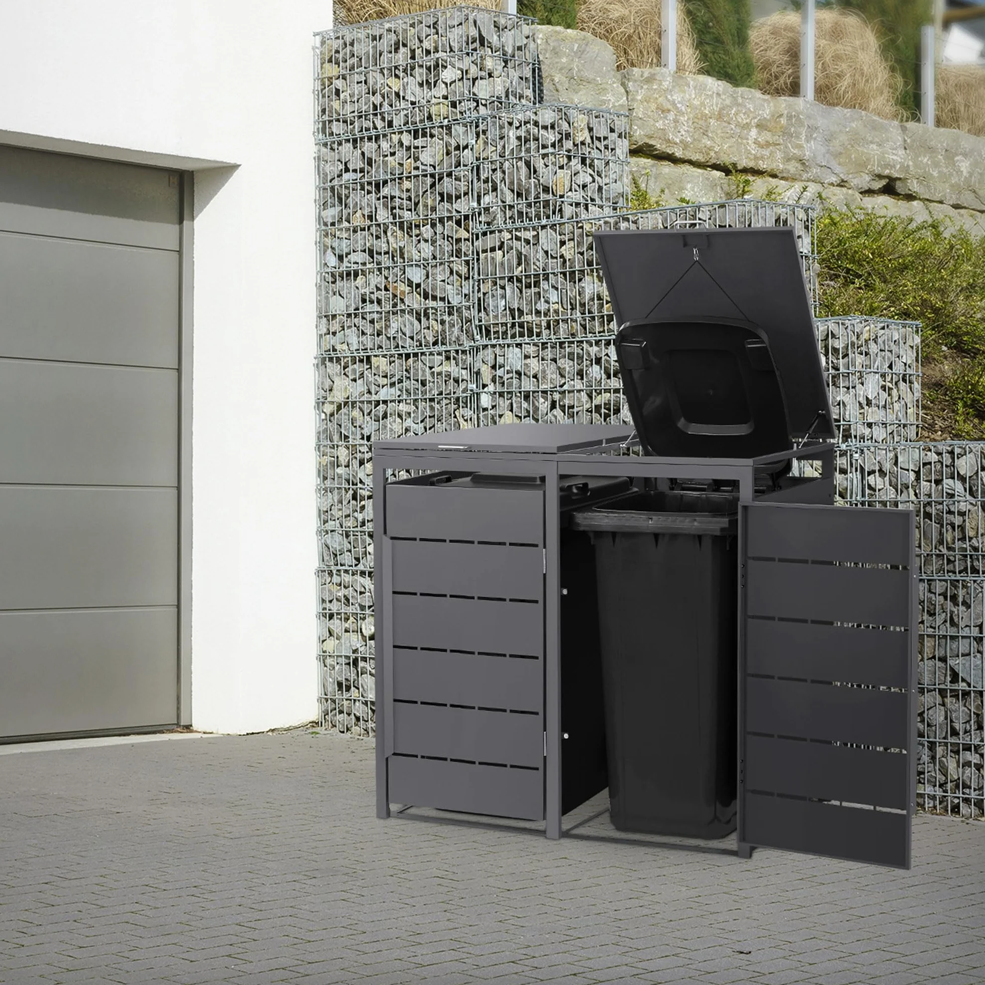ML-Design Copribidone da Spazzatura per 2 Bidoni 240L, 132x80x120 cm, Antracite, in Acciaio, Resistente alle Intemperie, Cassonetto per Rifiuti con Coperchio e Porta, Deposito per Bidoni da Esterno