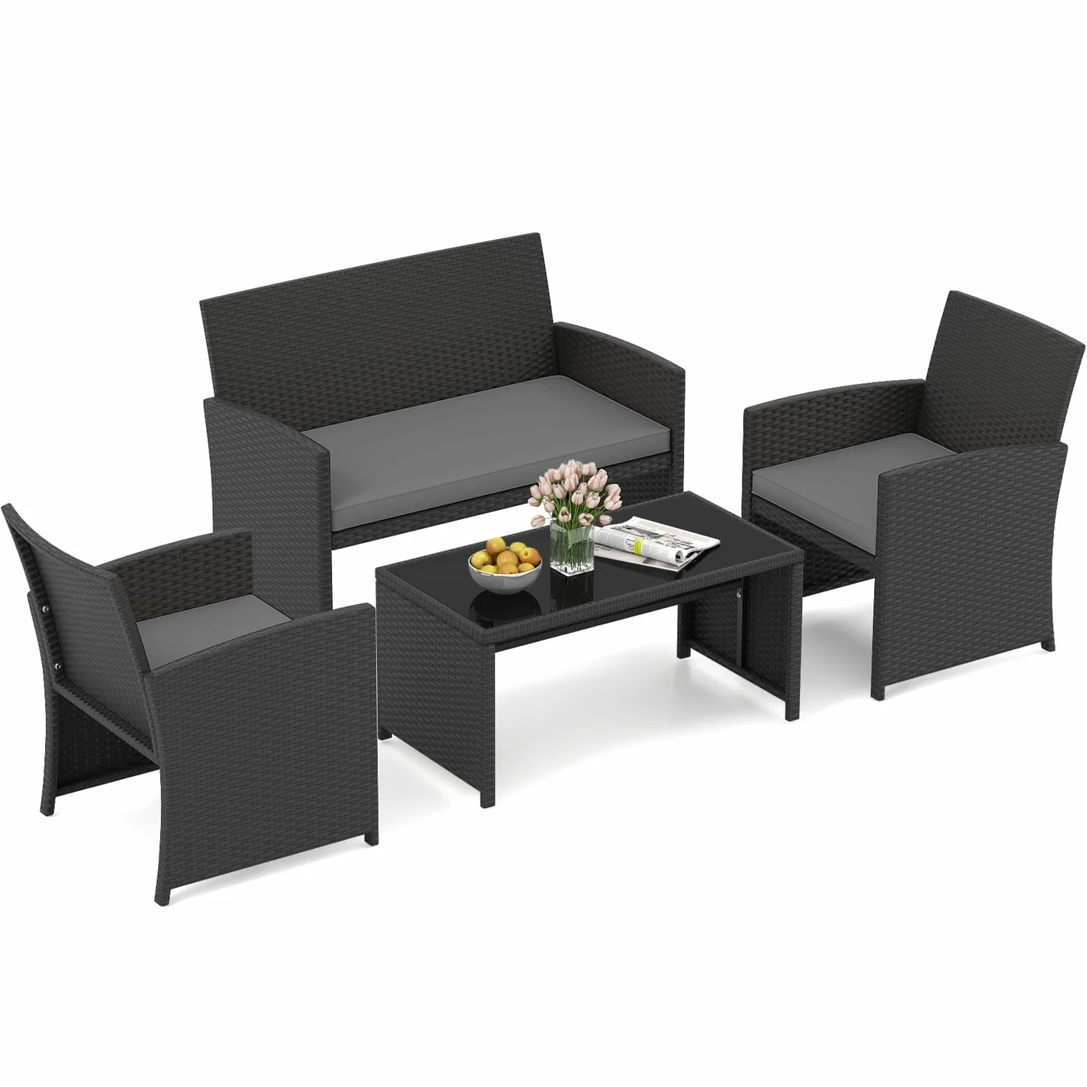 COSTWAY Set Salotto da Giardino 4 Pezzi, Divanetto e Poltrone in Rattan con Tavolino da Caffè in Vetro Temperato, Grigio