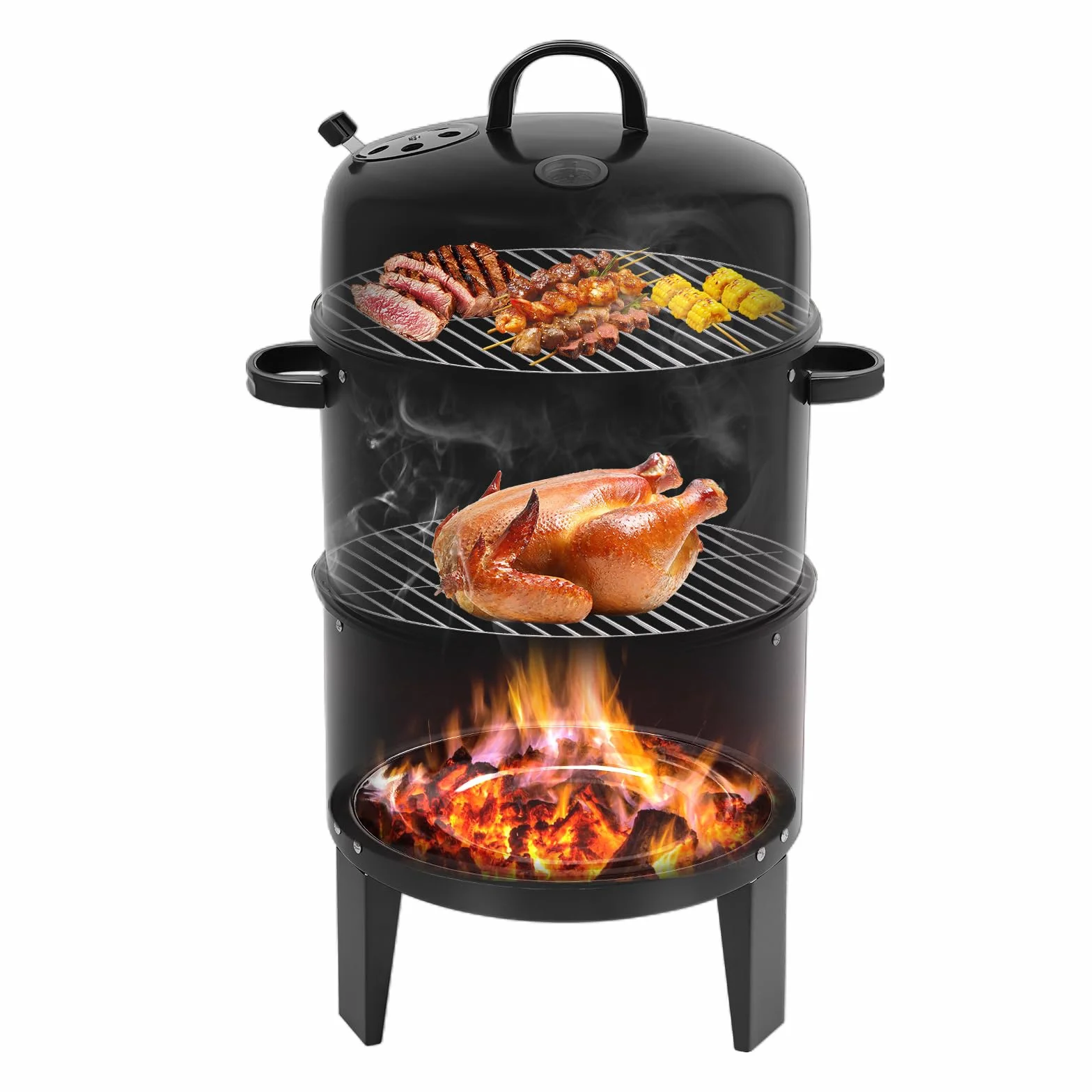 Affumicatore 3 in 1 84 cm Barbecue a Carbone di Legna con Termometro