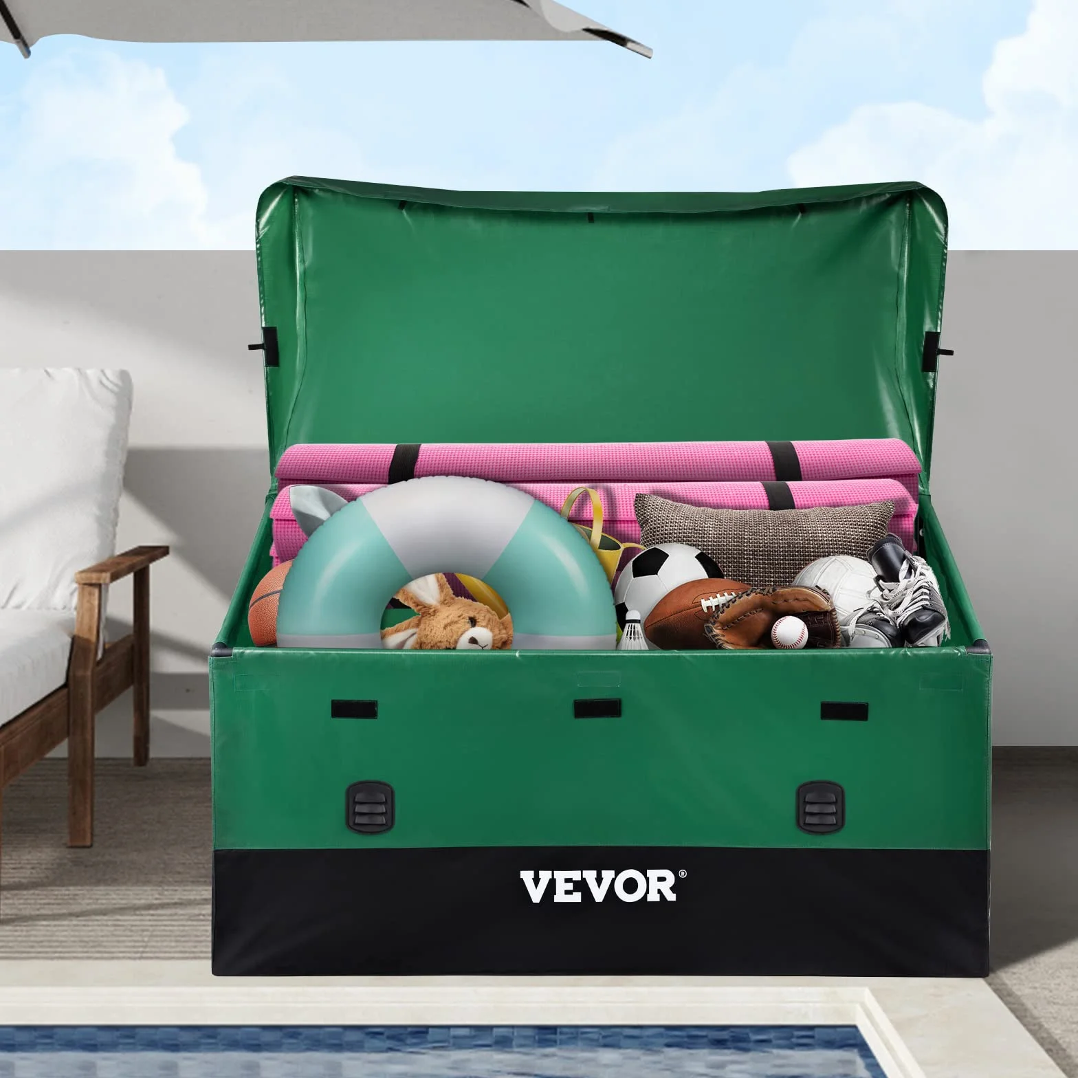 VEVOR Scatola per Stoccaggio da Esterno in PE Impermeabile 660L con Coperchio Manici Laterali, Baule da Giardino