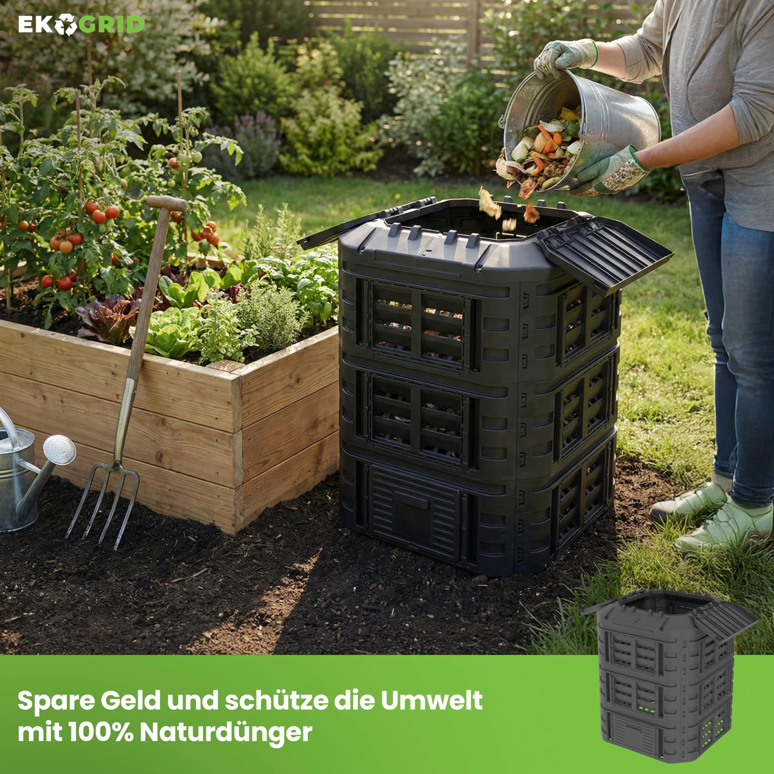 Compostiera da Giardino - 860 L - Irrigazione a Goccia e Aerazione - Nero