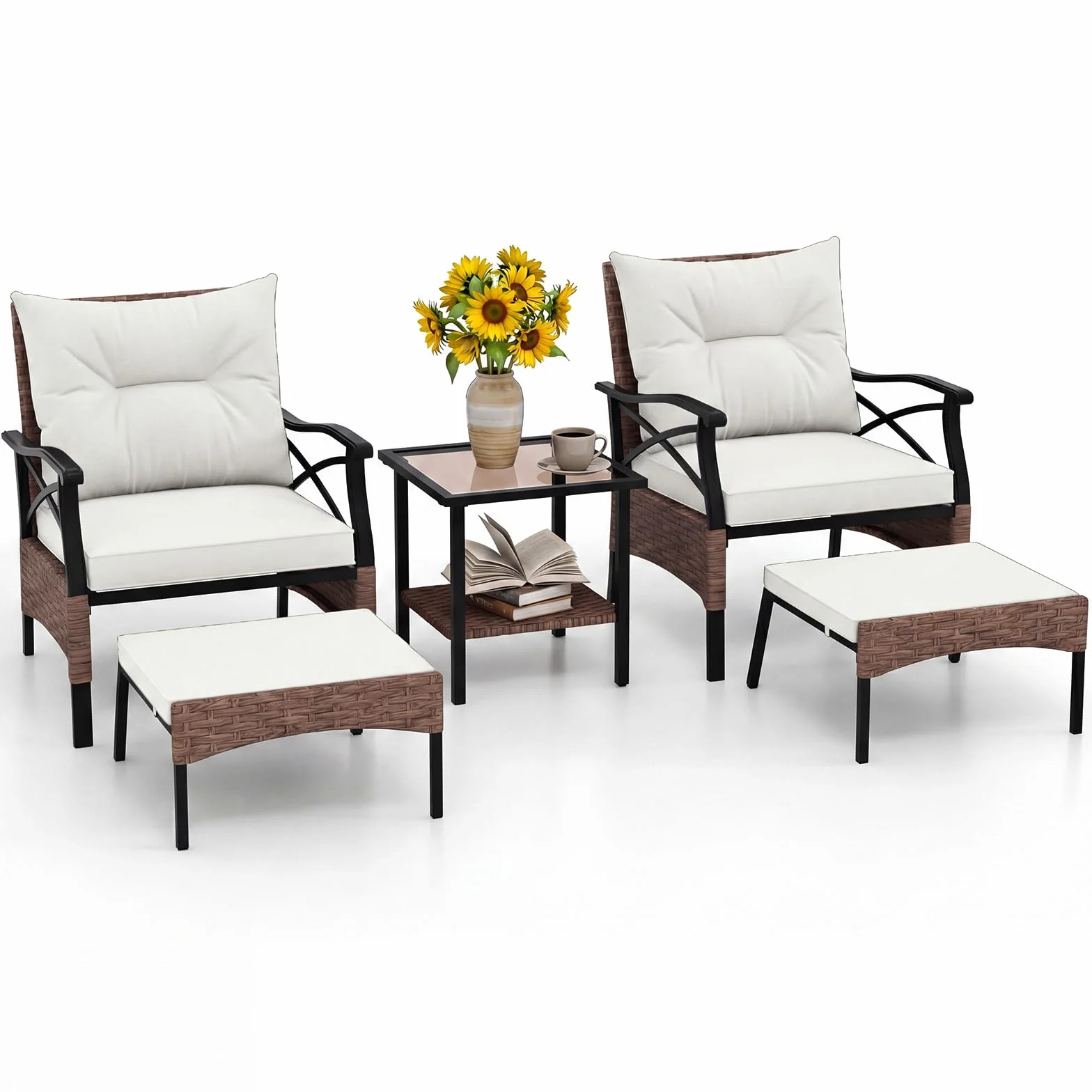 GIANTEX Set da Giardino in Rattan per 2 Persone con Poltrone e Sgabello