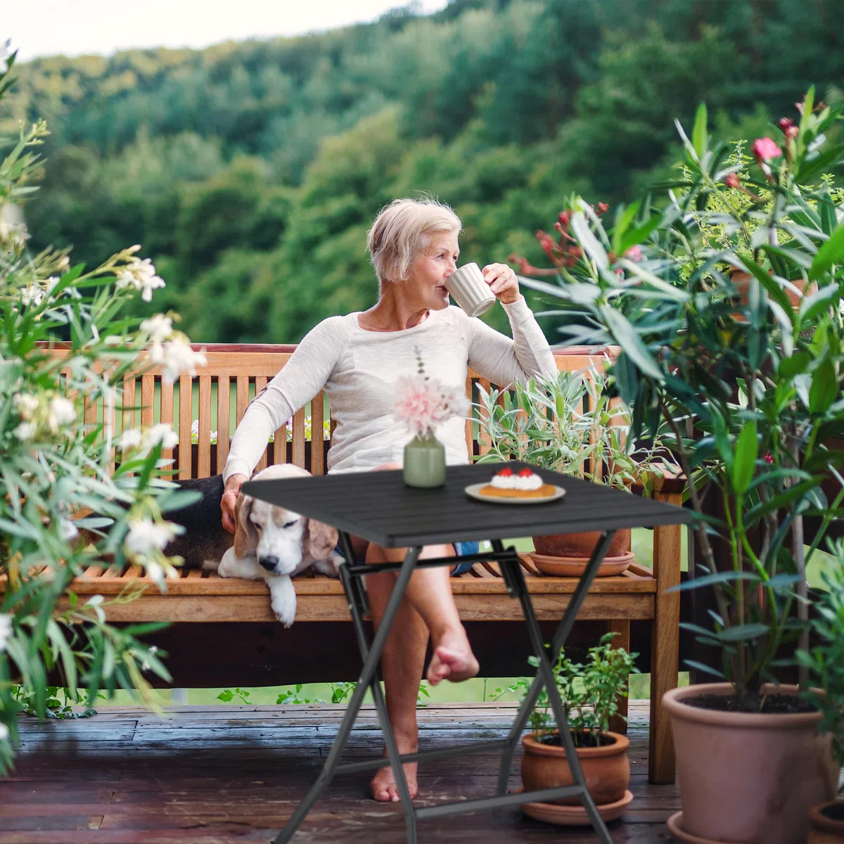 Relaxdays Tavolo Pieghevole da Giardino 73x62x62 cm Nero Effetto Legno