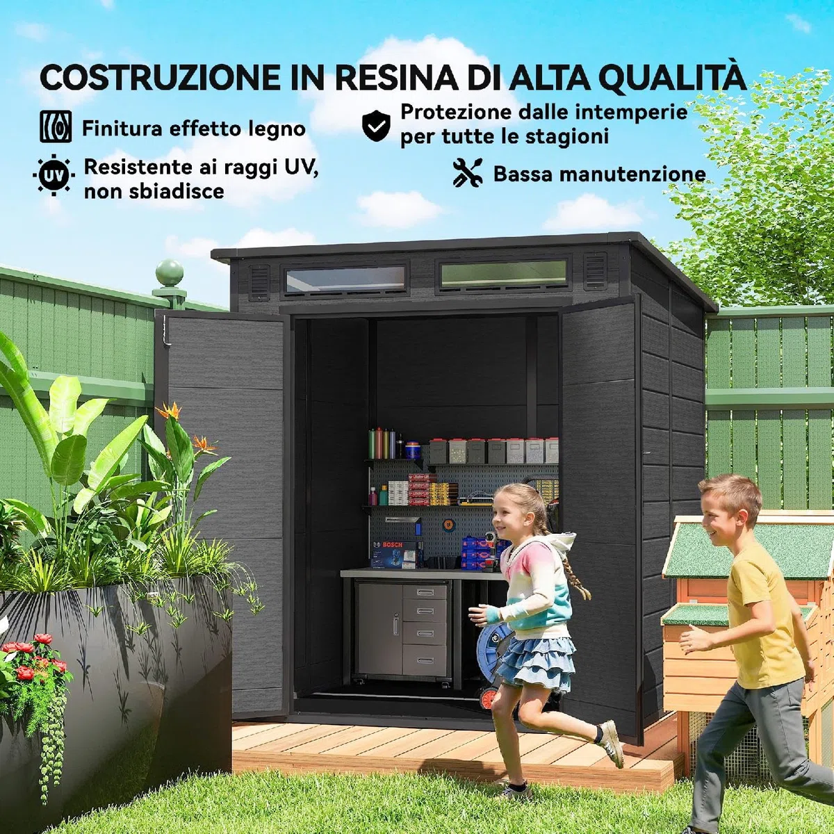 Casetta da Giardino con 2 Ante, in Pp e Alluminio, 182x182x196 cm, Grigio Scuro