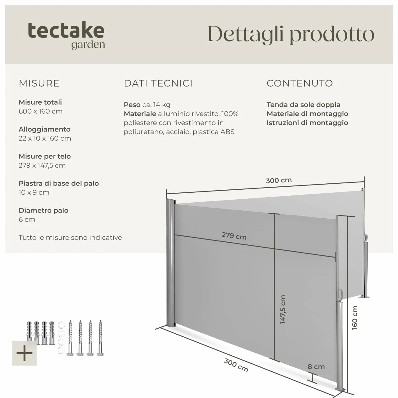 Tectake Tenda Frangivento Doppia Estensibile Cassettone Alluminio 160x600 cm Grigio