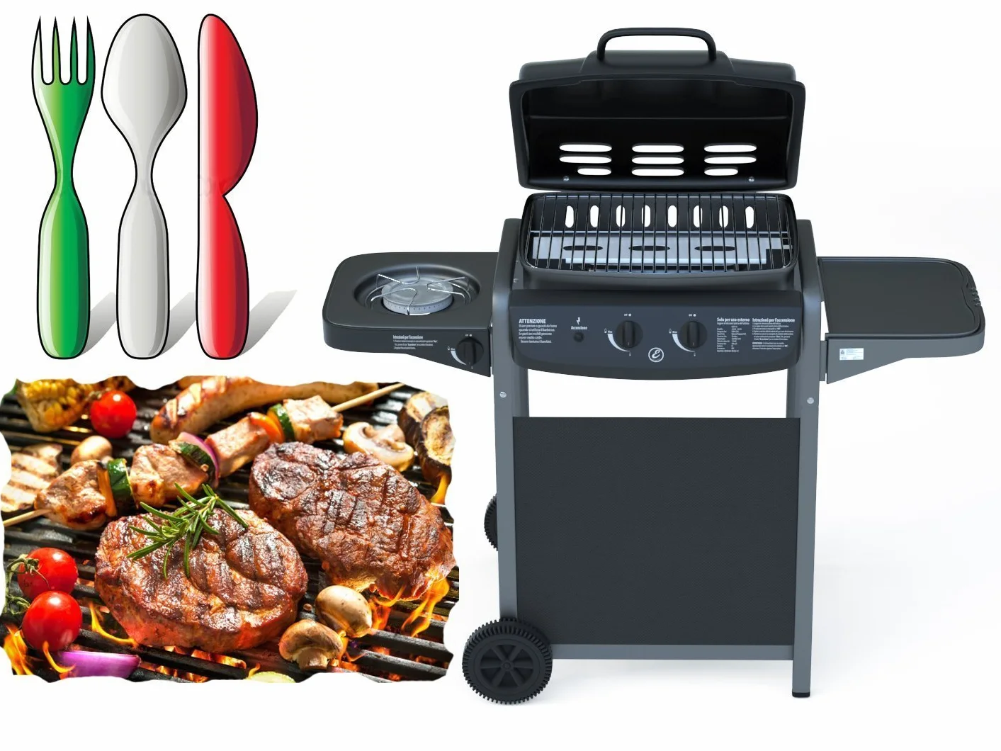 Barbecue a Gas Portatile con Termometro e Fornello Laterale EGLEMTEK BBQ Grill Compatto per Giardino Campeggio Outdoor Nero