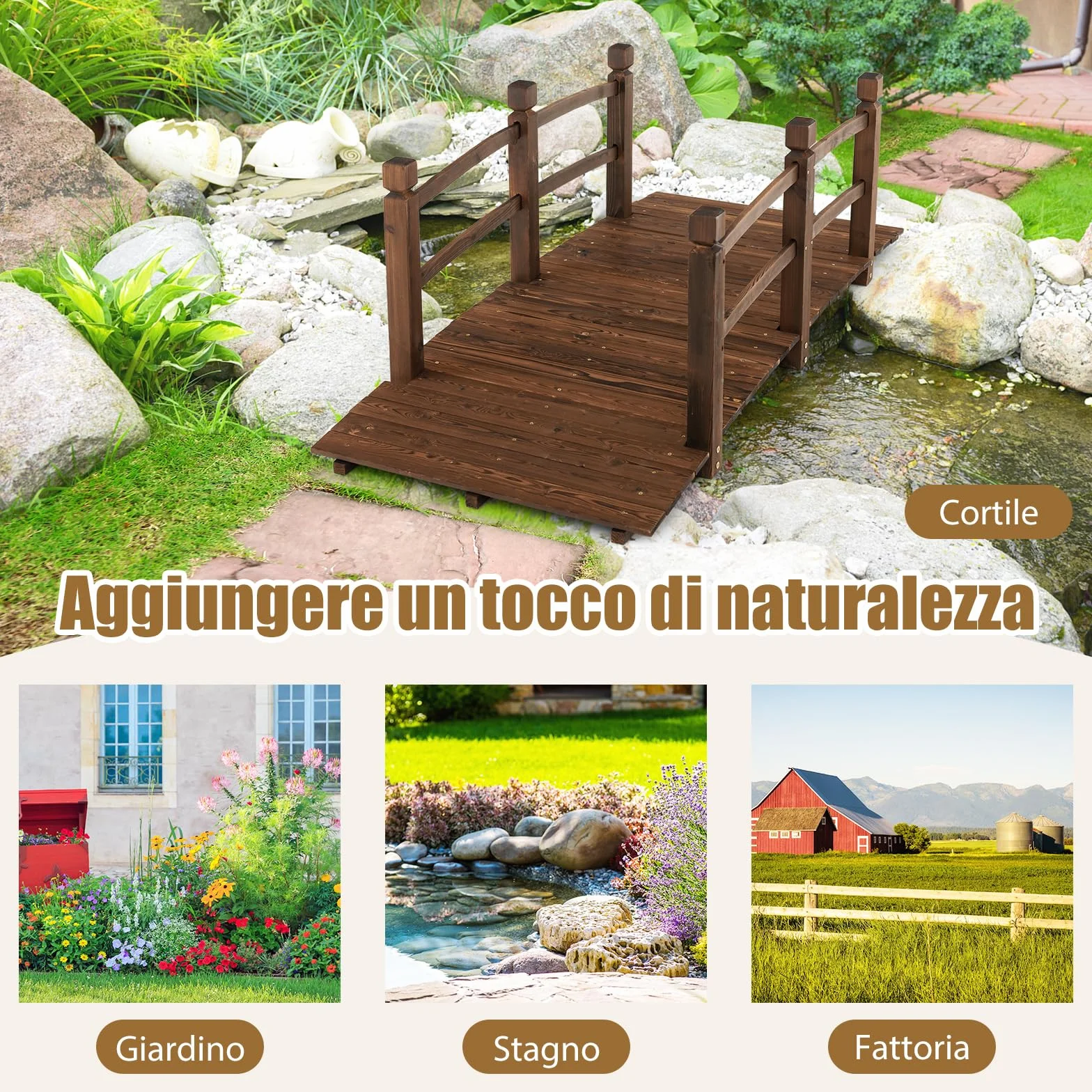 COSTWAY Ponte da Giardino in Legno di Abete 170 cm, Ponticello Decorativo con Ringhiere di Sicurezza, per Giardino Cortile e Fattoria, 171x76,5x58,5cm, Portata 180 kg