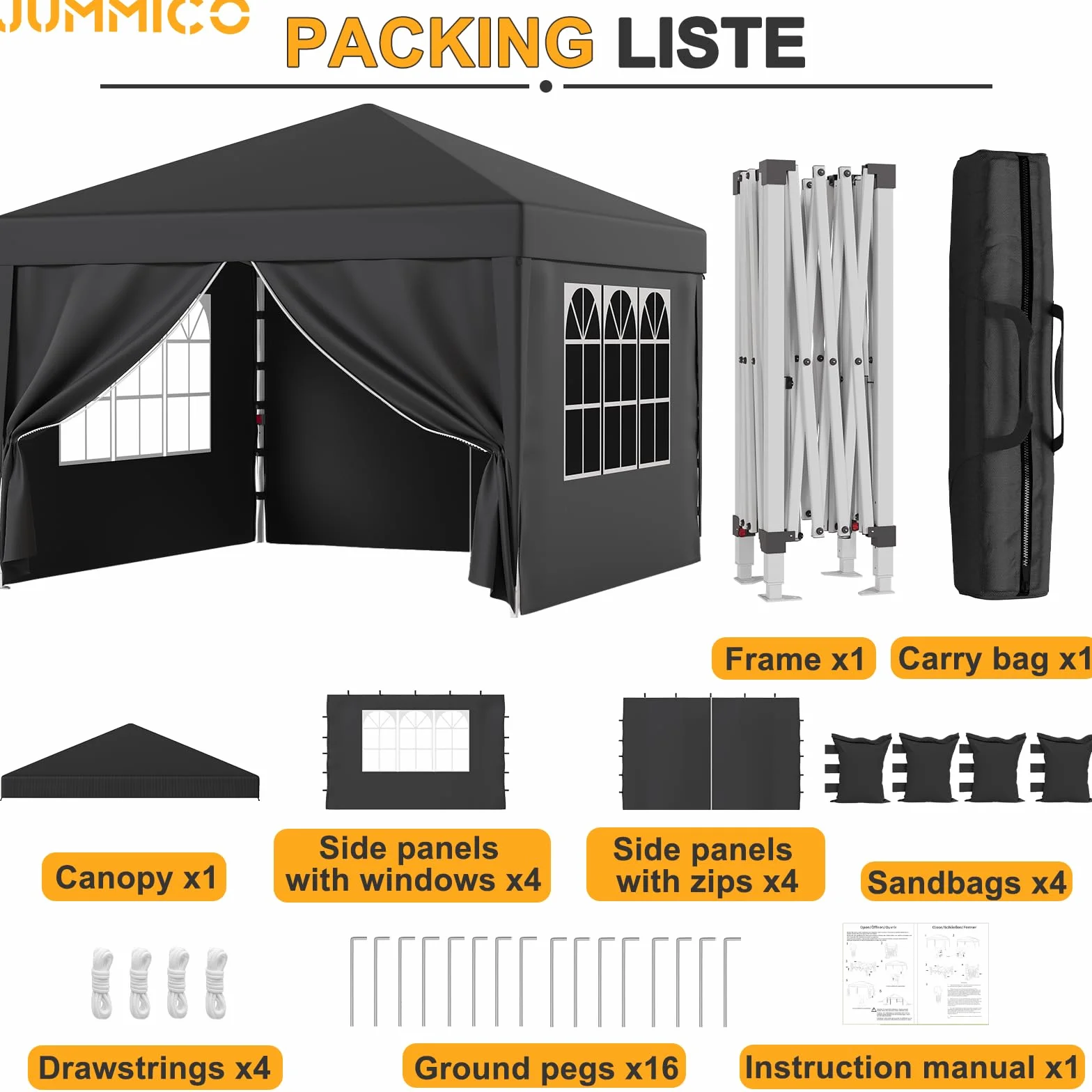 JUMMICO Gazebo 3x3m Pieghevole Impermeabile con Pareti Laterali Grigio