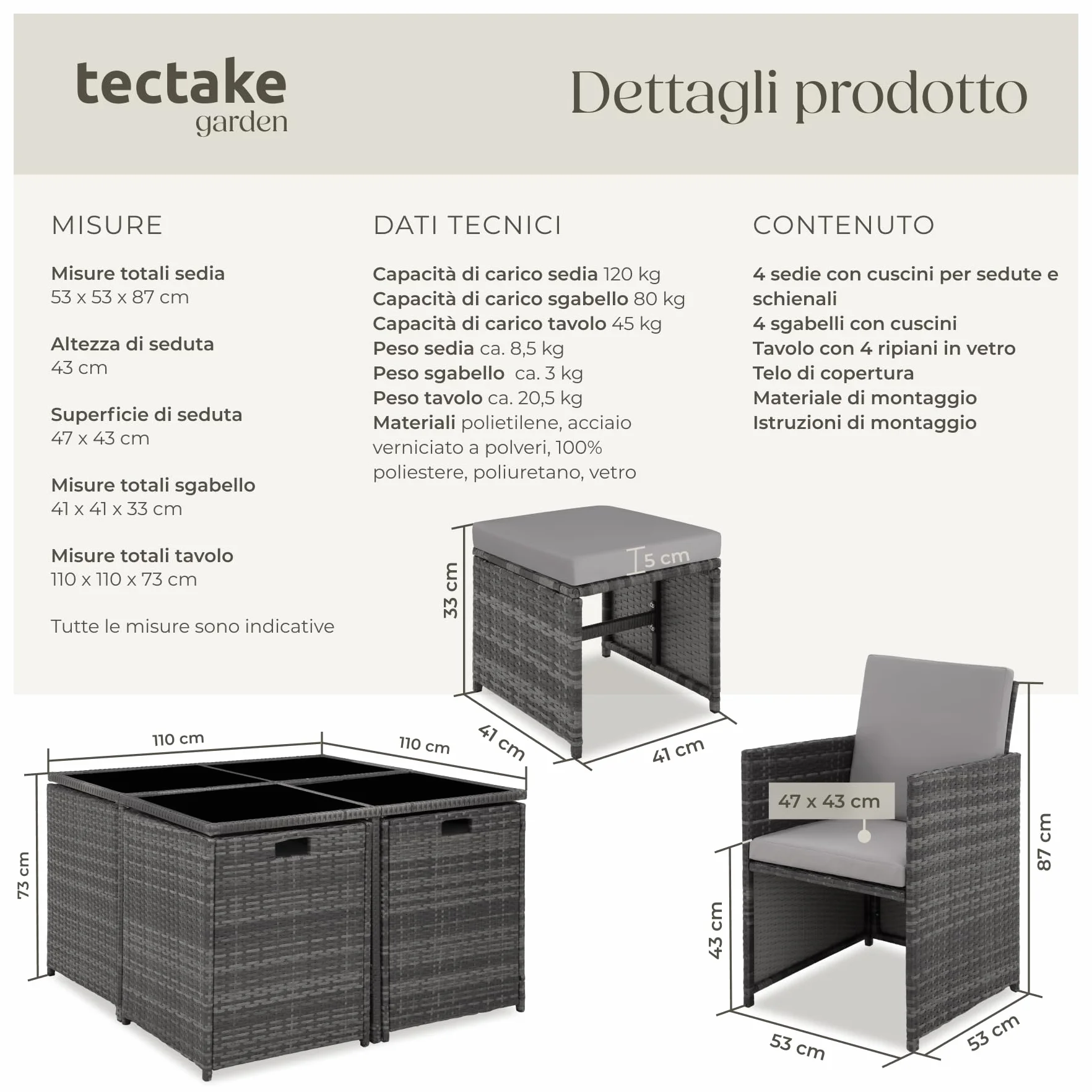 Set Mobili Rattan Bilbao 4 Sedie 4 Sgabelli Tavolo Acciaio Poly Rattan Giardino Terrazzo Grigio