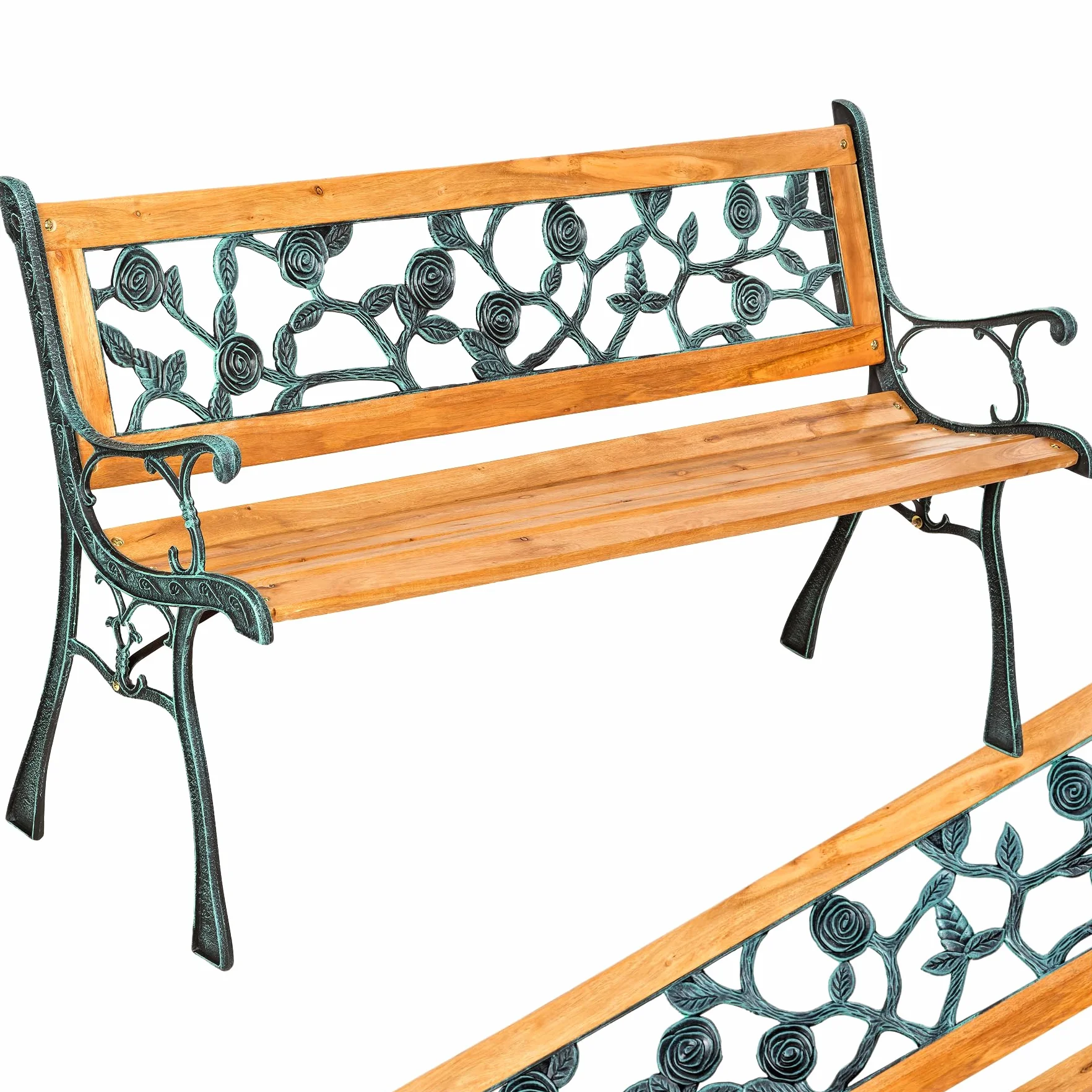 tectake Panca da Giardino in Legno e Ghisa 2 Posti con Schienale Resistente alle Intemperie 124 x 52 x 74 cm Marrone