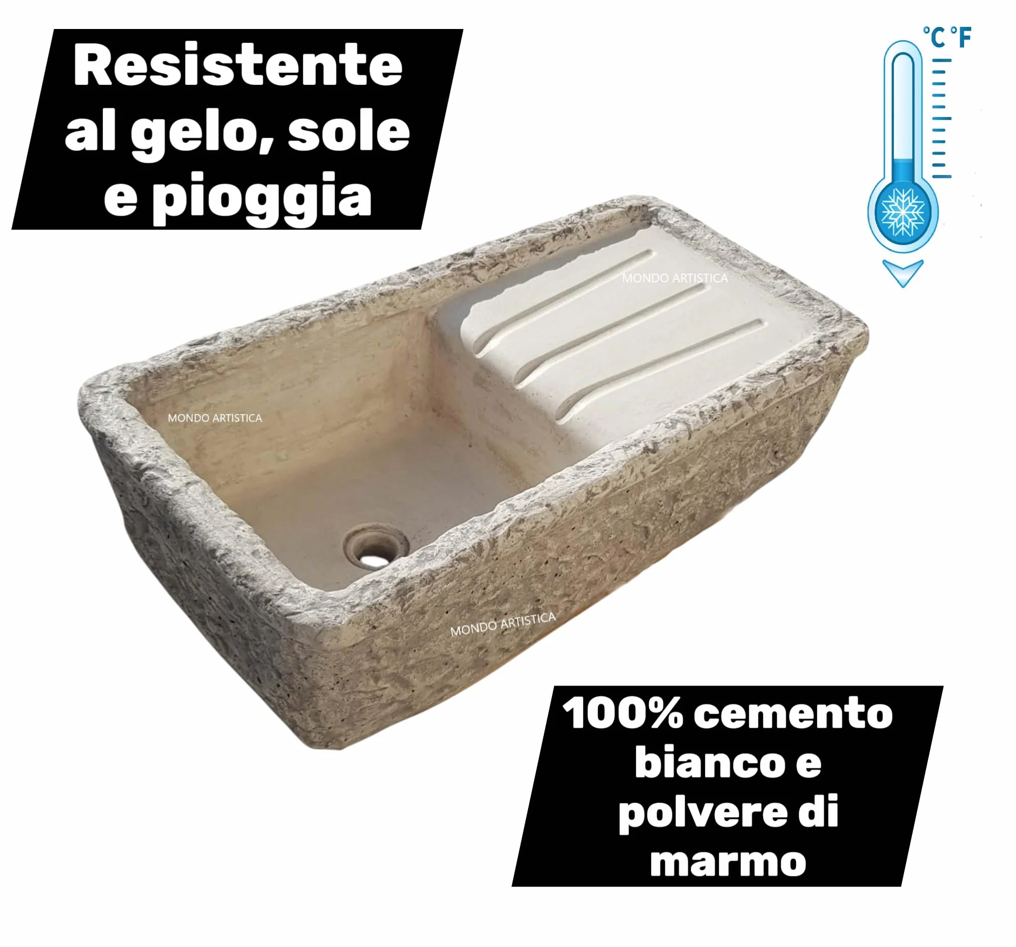 Lavandino Da Esterno, Lavabo Per Giardino, Pilozzo Con Vasca E Gocciolatoio, Fontana Altezza 22 cm, Larghezza 80x40 Cm, In Cemento Bianco E Polvere Di Marmo, Colore Sfumato Grigio, Mondo artistica