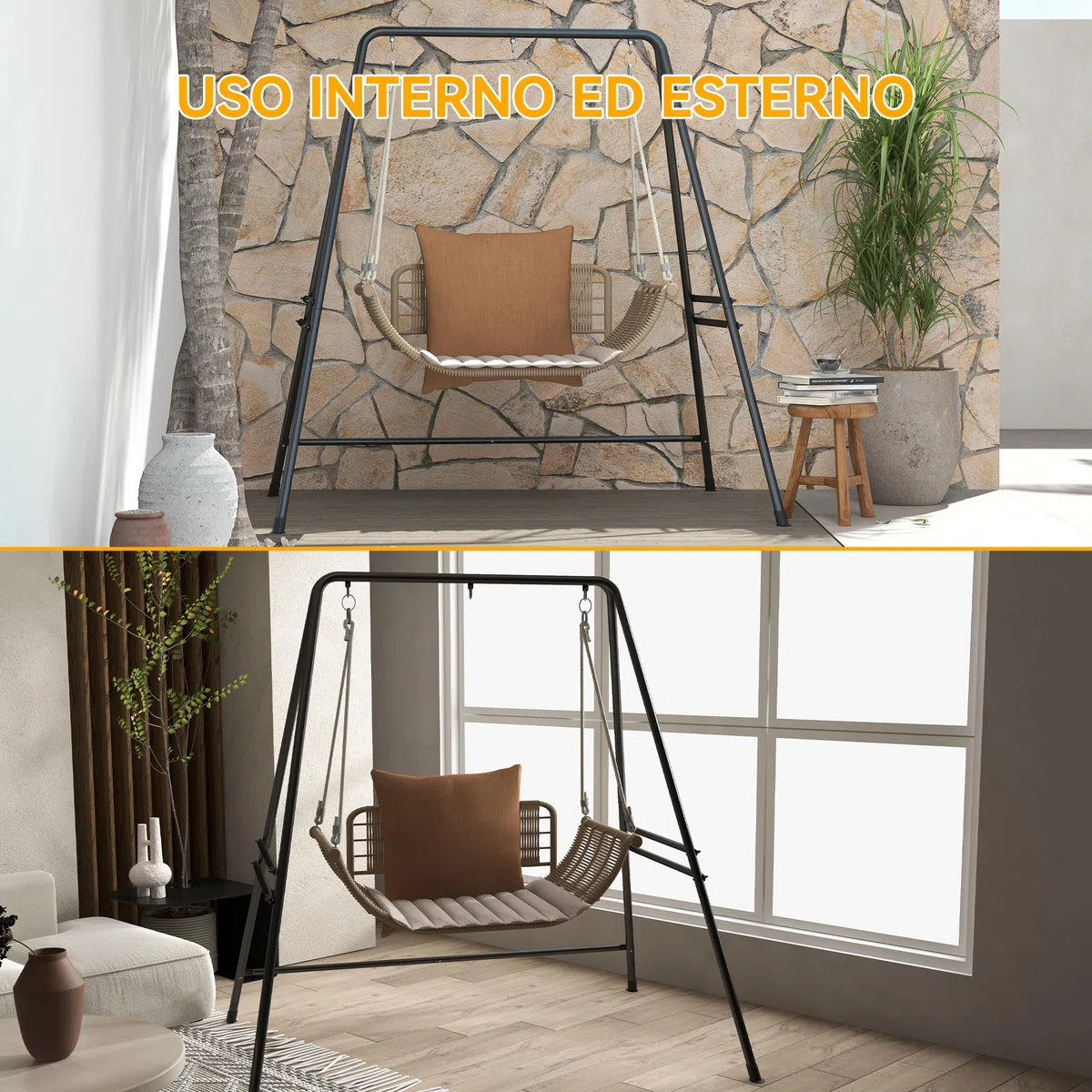 Outsunny Supporto per Amaca e Sedia a Dondolo/a Uovo, Sostegno Amaca in Acciaio con Gambe ad A e Agganci, Facile da Montare, per Esterno ed Interno, 178x143x180 cm, Nero