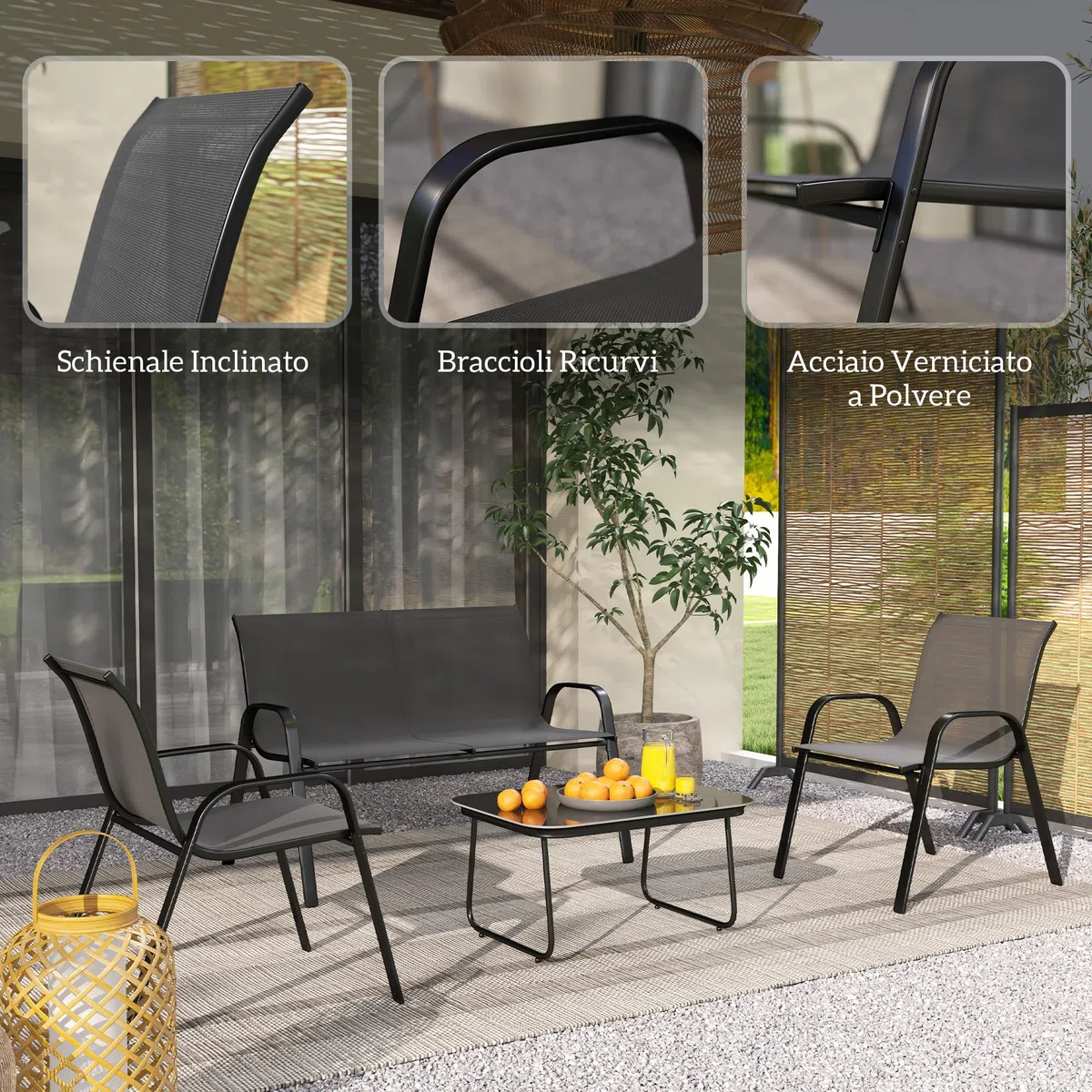 Outsunny Set Salotto da Giardino 4 Pezzi, Divanetto 2 Posti, 2 Sedie Impilabili, Tavolo Caffè Vetro, Acciaio, Texteline Nero