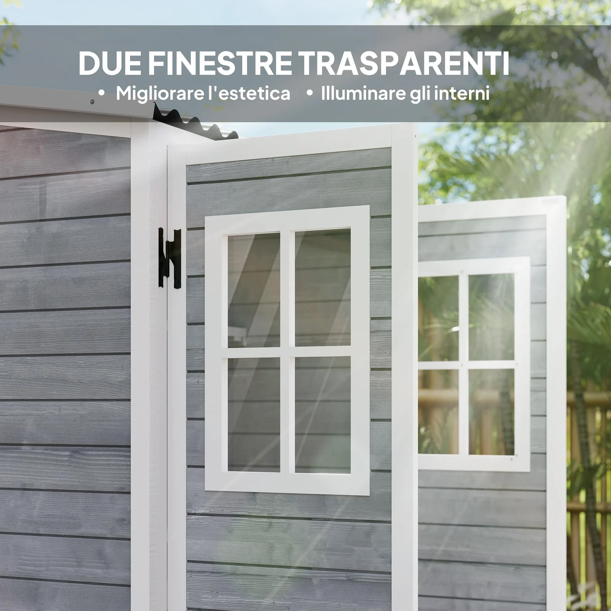 Outsunny Capanno Porta Attrezzi da Giardino in Legno di Abete con 2 Finestre e Ripiani Regolabili, Casetta Attrezzi Giardino Bloccabile, Tetto Spiovente per Patio Terrazza, 91x69x192cm, Grigio Chiaro