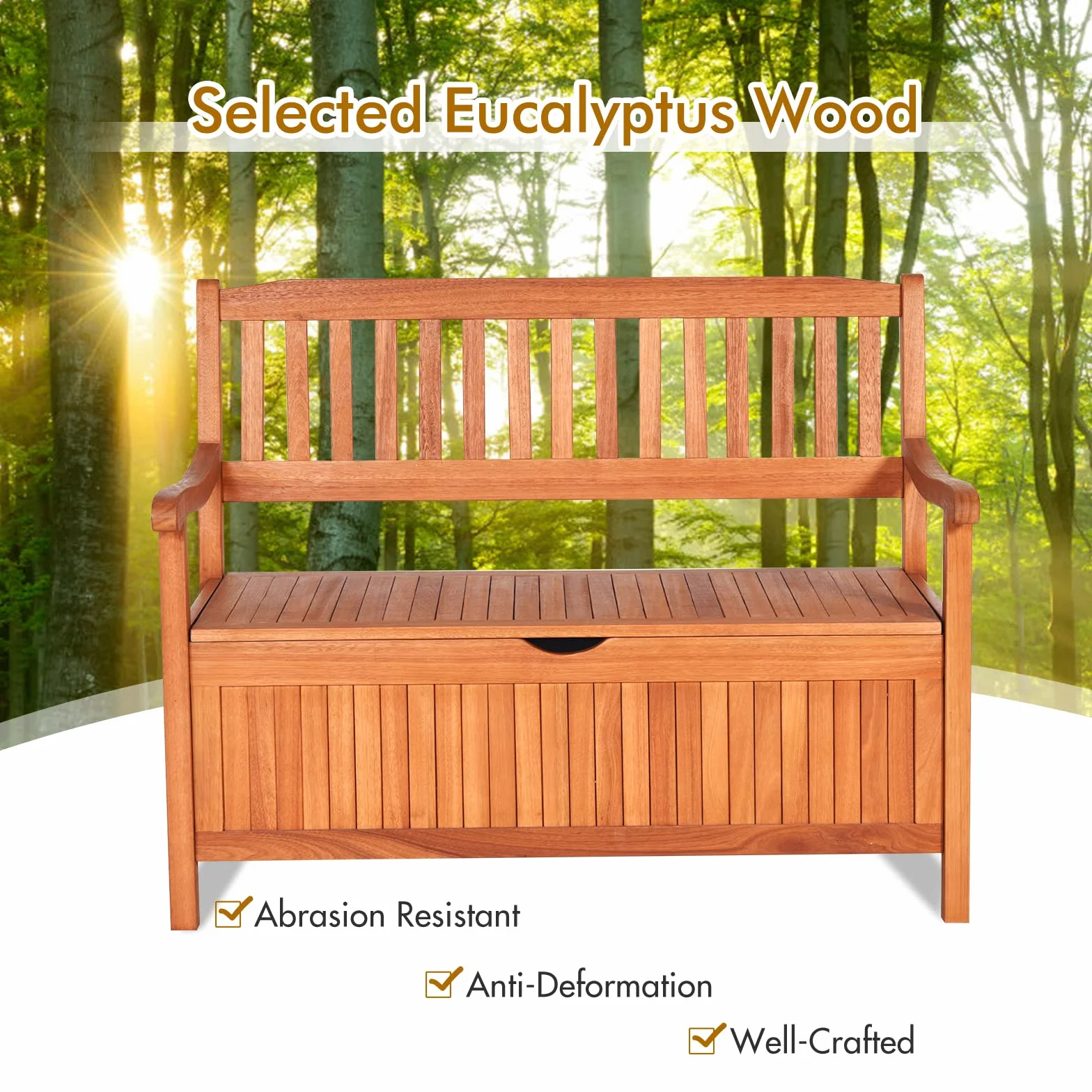 KOMFOTTEU Panca da Giardino, Panca Esterno in Legno di Acacia, con Contenitore, Panchina a 2 Posti con Baule, con Borsa Impermeabile, Deposito Esterno in Legno con Braccioli e Schienali
