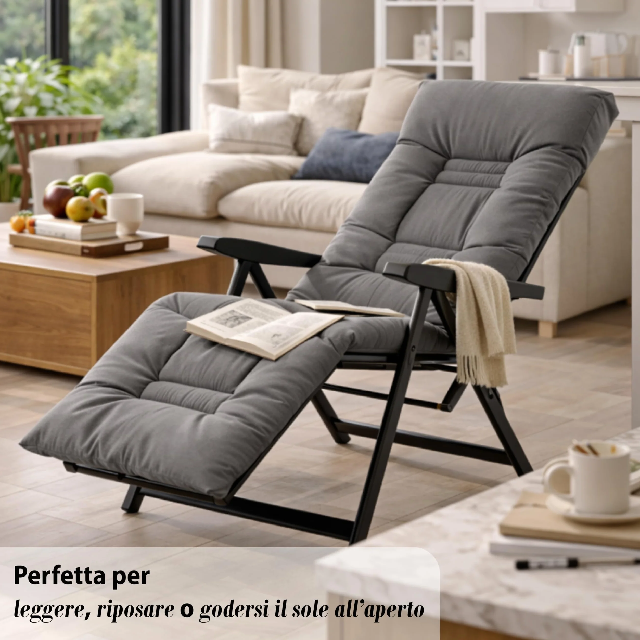Sdraio Reclinabile Imbottita 154x60x65 cm 6 Posizioni Prolunga Estendibile Braccioli Ergonomici Struttura Acciaio Grigio Made in Italy