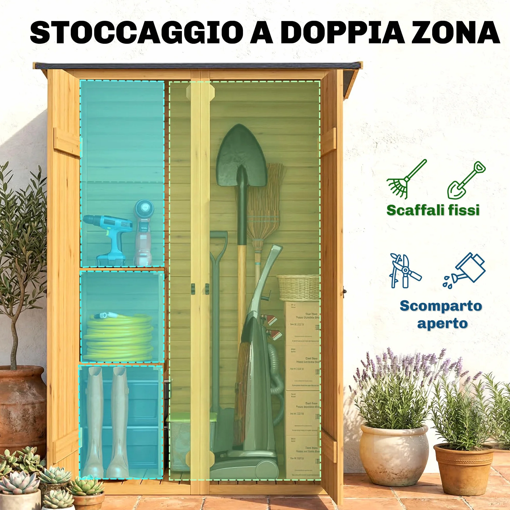 Outsunny Armadio da Giardino Legno Abete Casetta Attrezzi 2 Ripiani Doppia Porta Chiavistelli Tetto Inclinato 115x53x156 cm Marrone