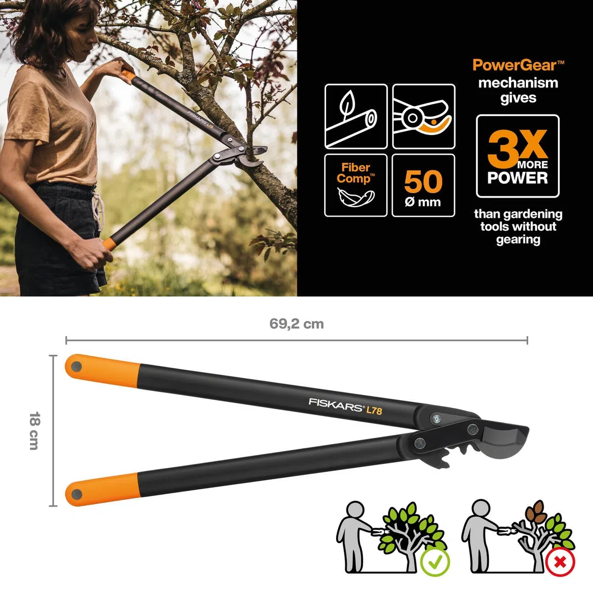 Fiskars PowerGear II Cesoie Bypass per Legno Verde, Lama Antiaderente, Taglio 5 cm, Acciaio Temprato, 70 cm, Nero/Arancione