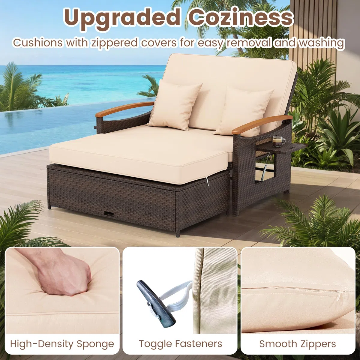 GIANTEX Divano da Giardino in Rattan a 2 Posti con Funzione Allungata, Set di Mobili in Rattan con Sgabello, Doppia Sedia a Sdraio per 2 Persone, 3 Colori (Cuscino Beige)