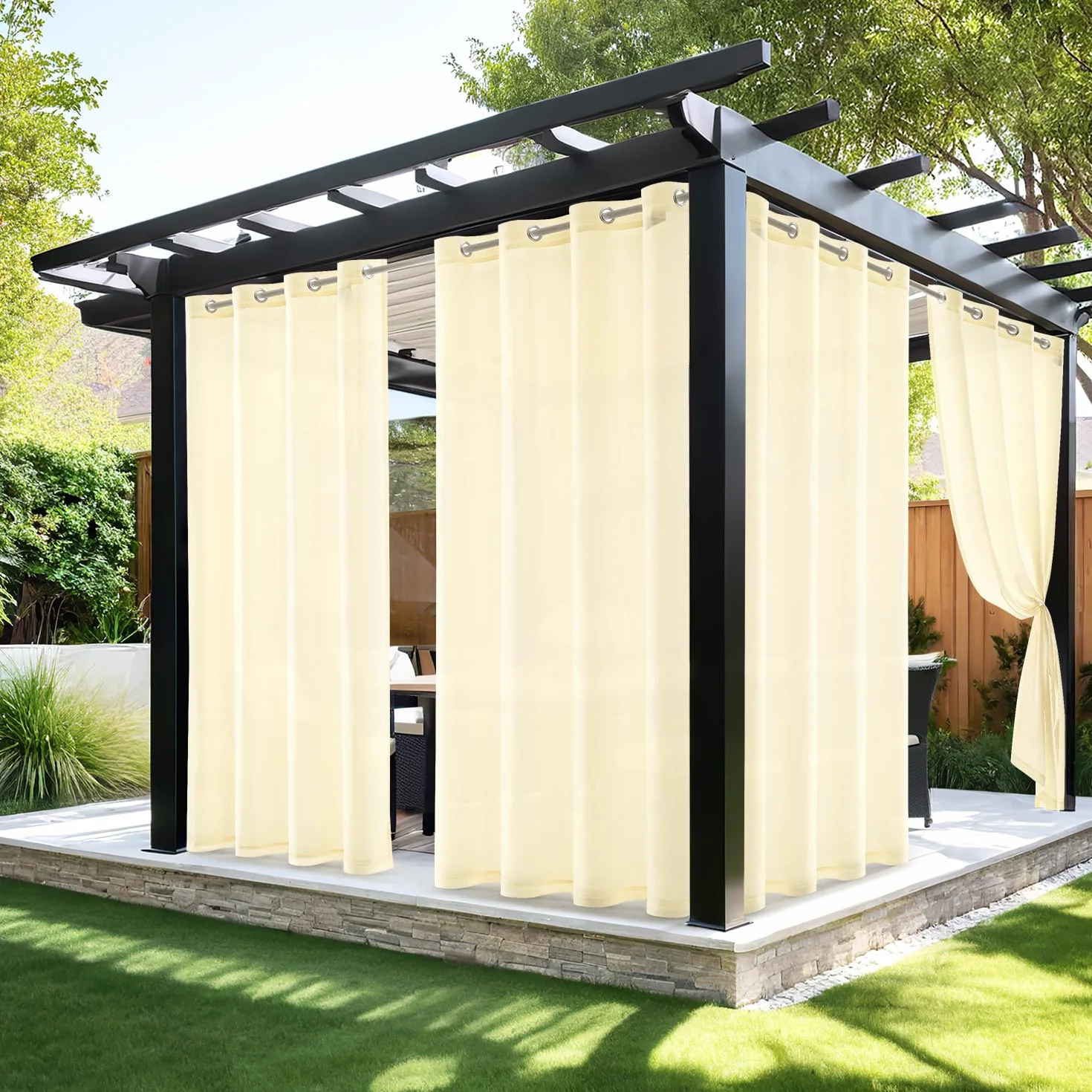 MIULEE Tende per Esterni Impermeabile con Occhielli 2 Pannelli, Tende da Esterno in Voile Semi-Trasparenti per Giardino, Balcone e Gazebo, Beige 140×240cm