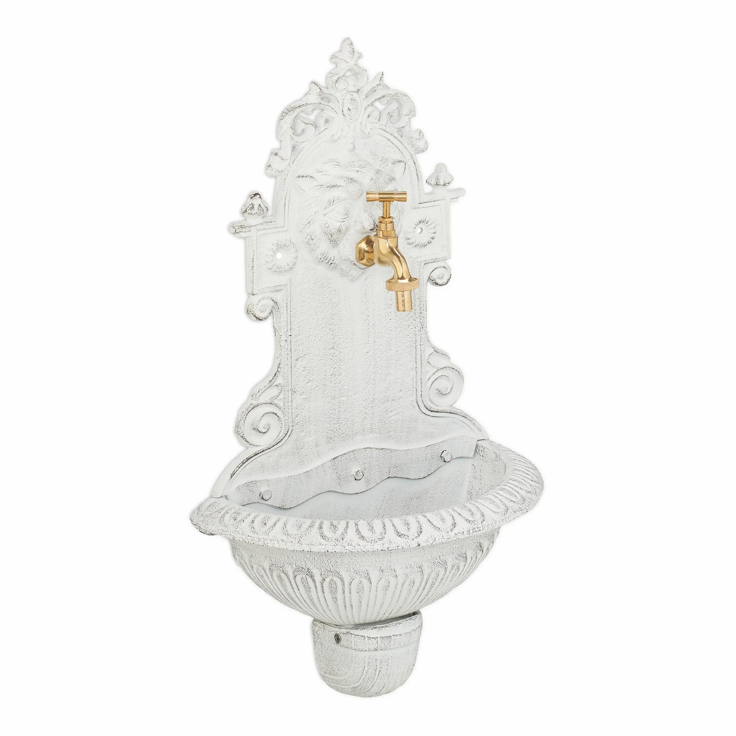 Relaxdays Fontana a Muro da Esterno, Fontanella Giardino, Vaschetta Rubinetto, Ghisa e Ottone, HLP: 61x35x18 cm, Bianco