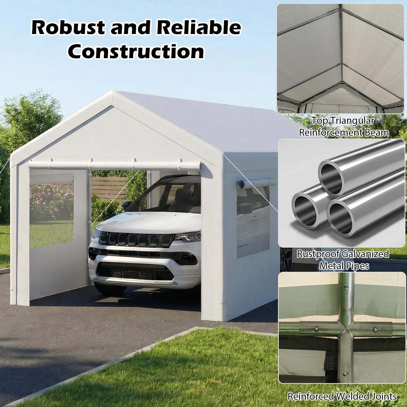 Tenda Garage Auto Esterno Tettoia Telaio Metallo Copertura PE Resistente Intemperie Capanno Giardino Bianco 305x586x280 cm