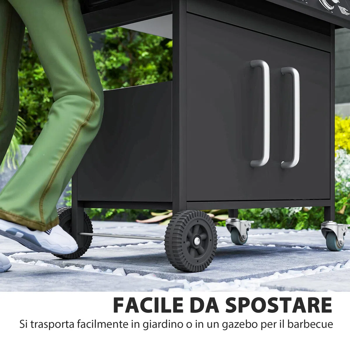 Outsunny Barbecue a Gas 4+1 Bruciatori 15.2 KW Acciaio PP con Ruote Armadietto Termometro Nero