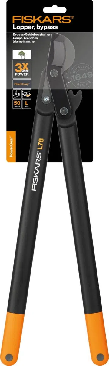Fiskars PowerGear II Cesoie Bypass per Legno Verde, Lama Antiaderente, Taglio 5 cm, Acciaio Temprato, 70 cm, Nero/Arancione