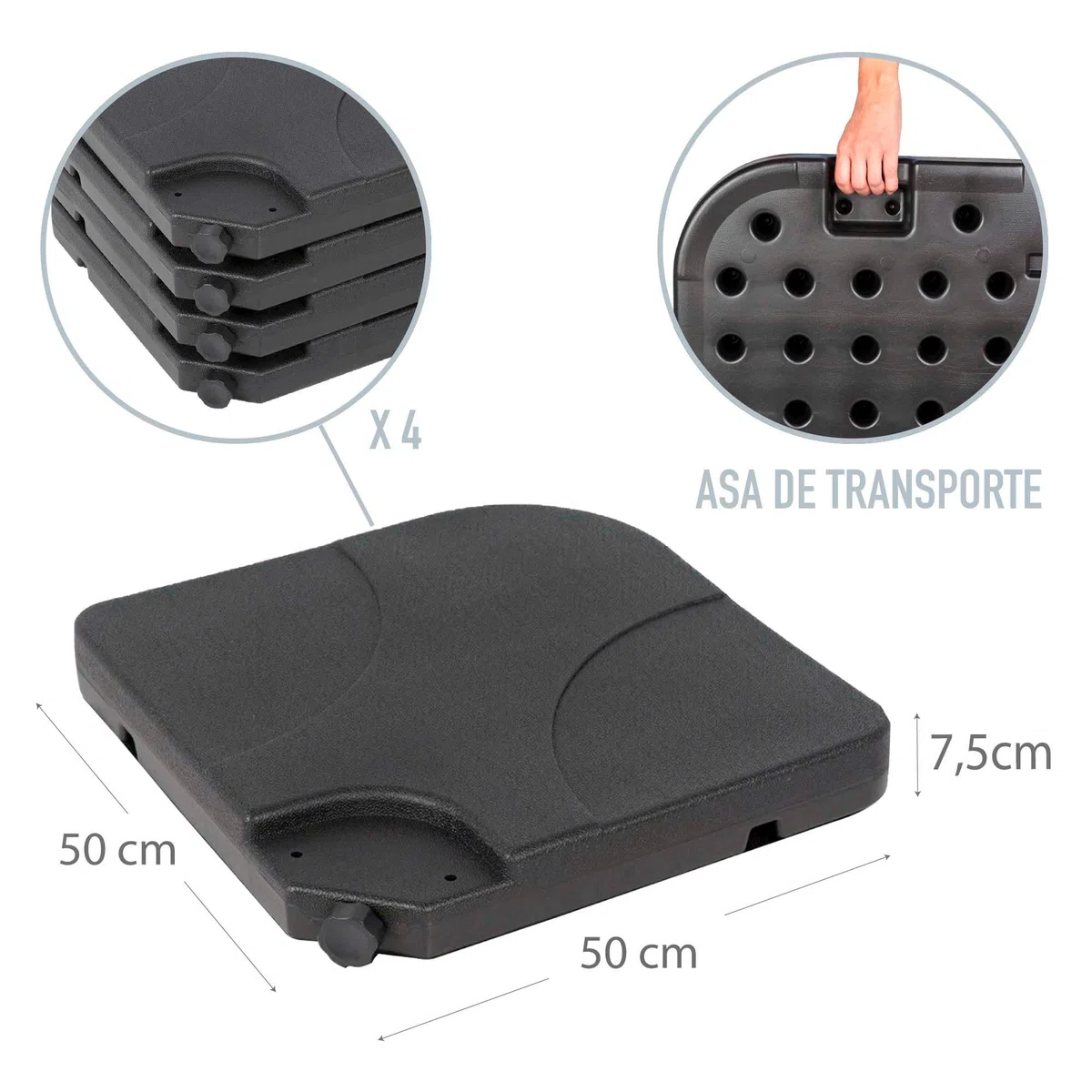 AKTIVE Base per ombrellone riempibile, 4 pezzi in HDPE nero 50x50x7,5 cm, fino a 80 kg con sabbia o 60 l di acqua, con maniglie e sistema di fissaggio (62196)
