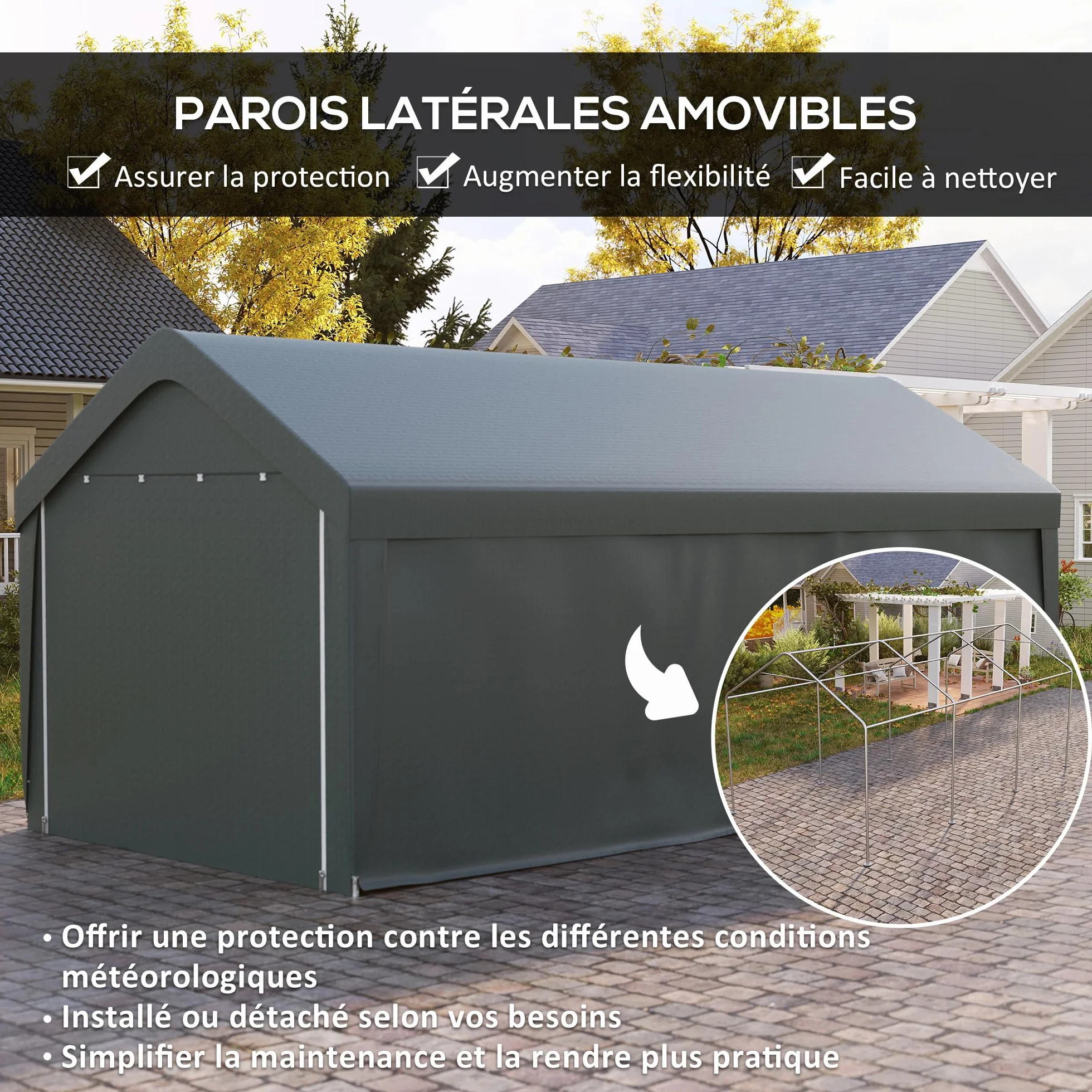 Outsunny Carport tenda da garage 3 x 6 m, tettoia per auto all'aperto, tenda di stoccaggio con pareti laterali rimovibili e 2 porte con cerniera avvolgibili, tettoia per auto, camion, barca, grigio