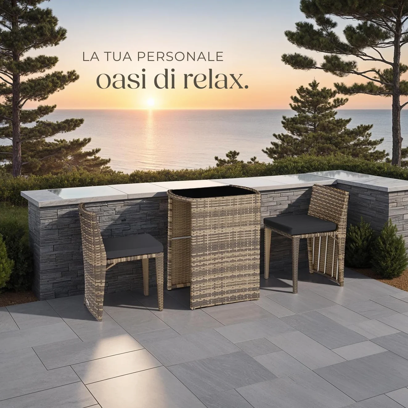 Set Bistrot Rattan Amburgo con Cuscini Idrorepellenti e Telaio in Alluminio
