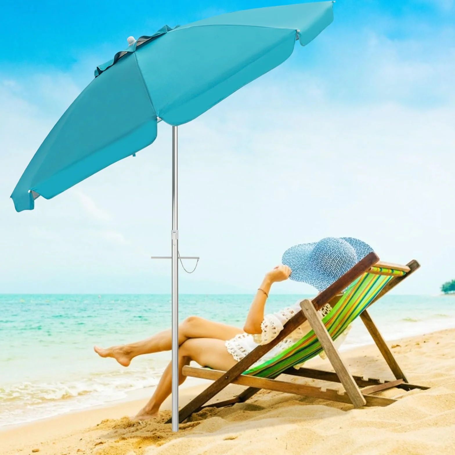 COSTWAY Ombrellone da Spiaggia 198 cm, Parasole Esterno con Palo Inclinabile in Alluminio, Anti UV 50+, 8 Stecche, Blu