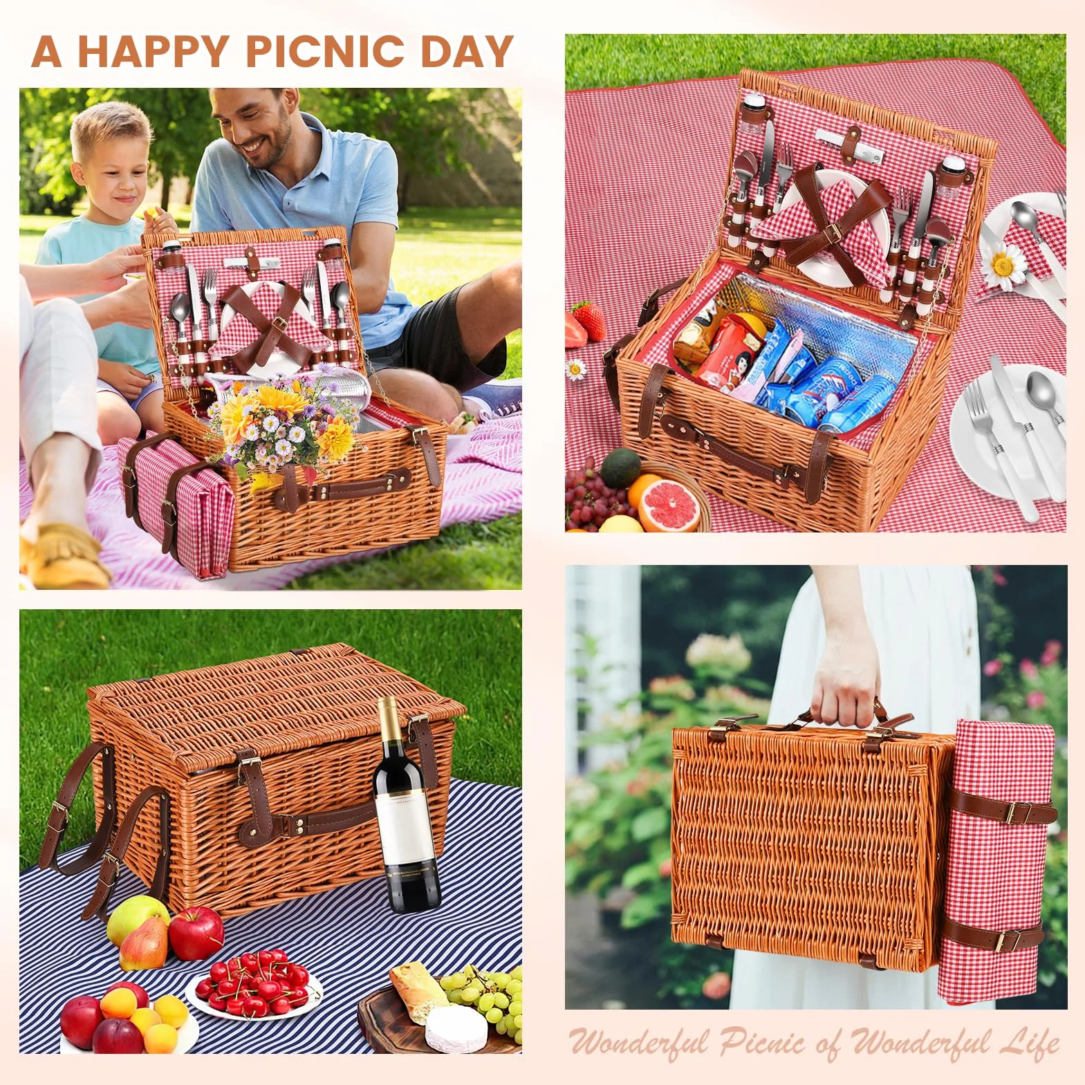 Cestino da Picnic in Vimini per 4 Persone, Termico, Impermeabile, Rosso