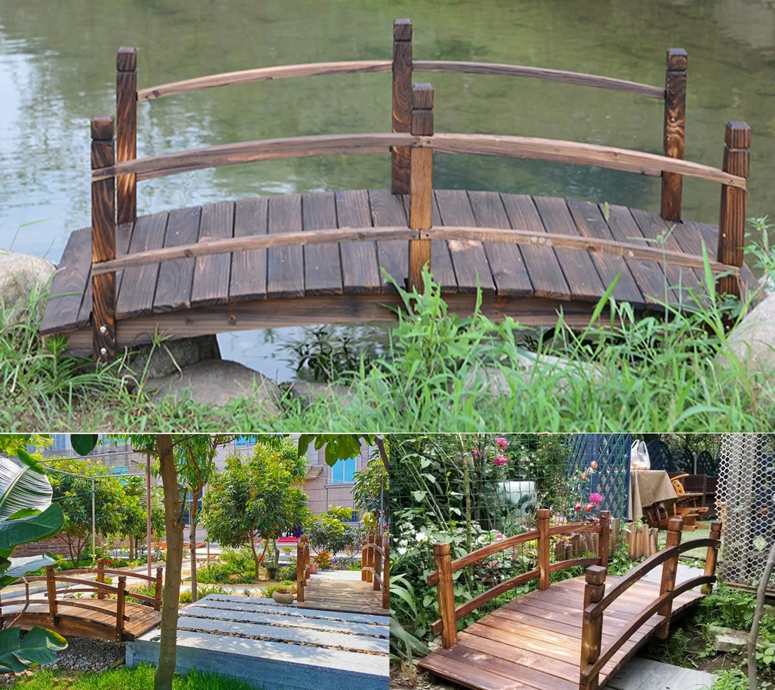 Ponte da giardino in legno per esterni, ruscelli, ponte da giardino ad arco con ringhiere di sicurezza, grande ponte decorativo per laghetto