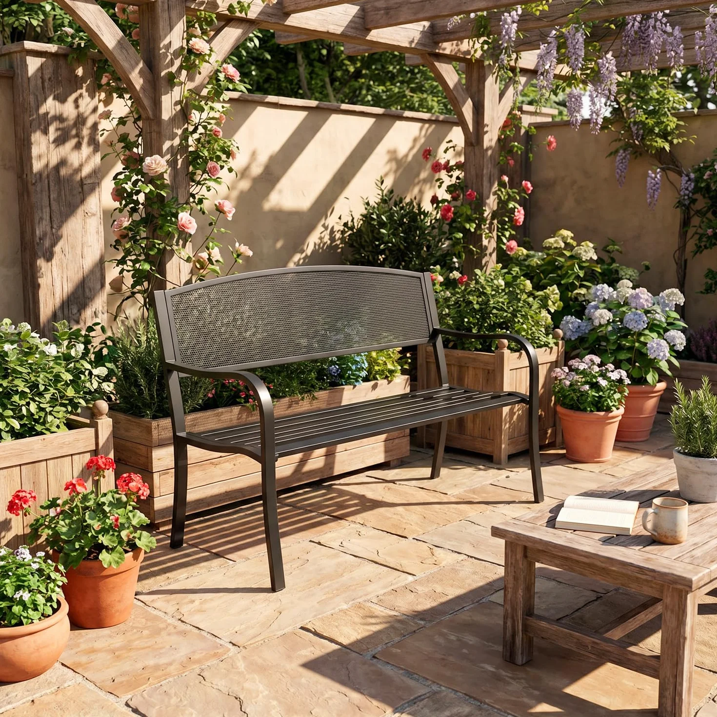Arreditaly Panchina Da Giardino In Acciaio Panca Da Esterno Elegante 2-3 Posti Con Schienale Traforato E Braccioli Resistente Alle Intemperie Per Terrazzo Patio E Giardino 127 x 60 x 85 Cm Nero