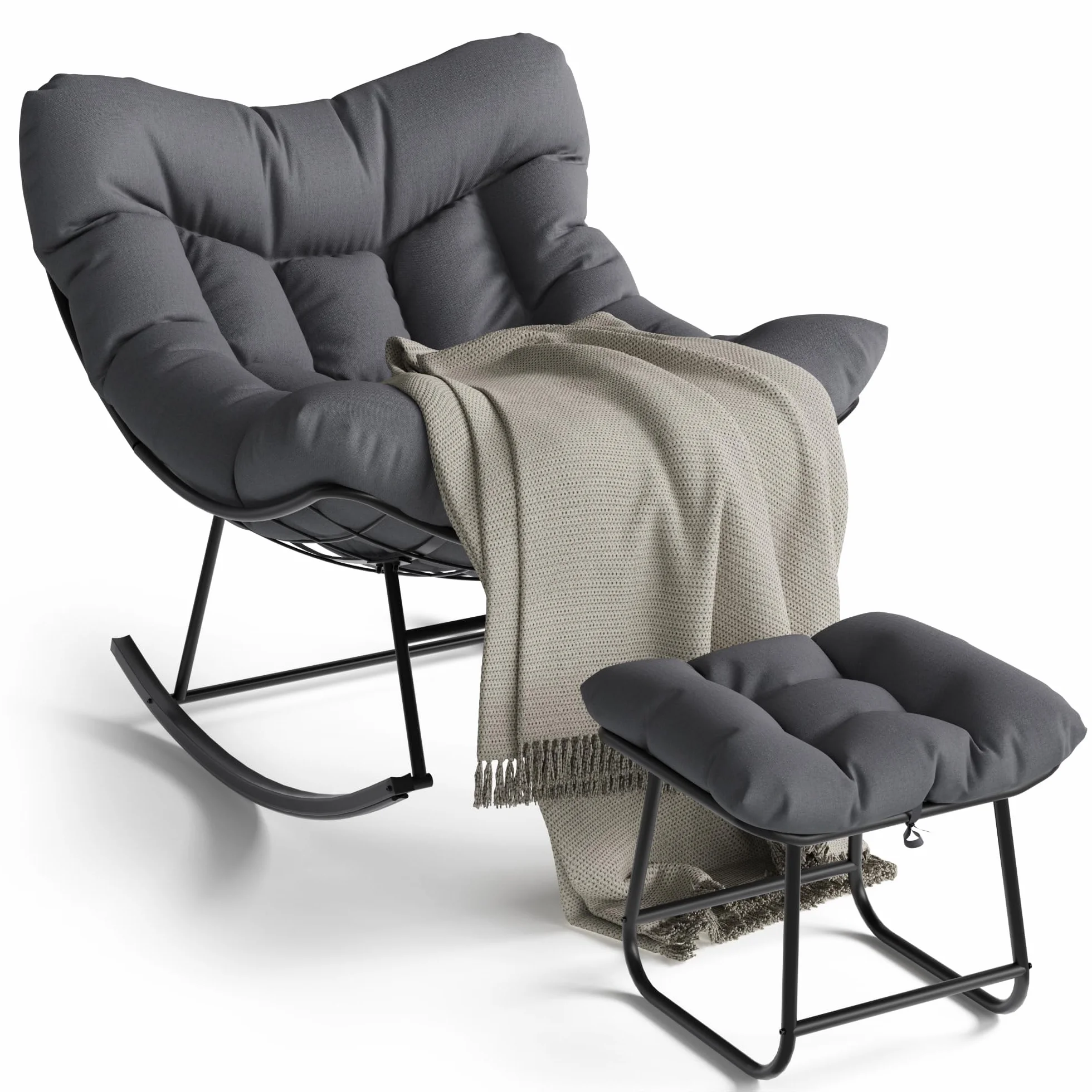 Sedia a dondolo esterno oversize forma uovo poggiapiedi - Seduta ergonomica tessuto grigio imbottitura spessa, struttura in metallo resistente alle intemperie, moderna sedia giardino giardino