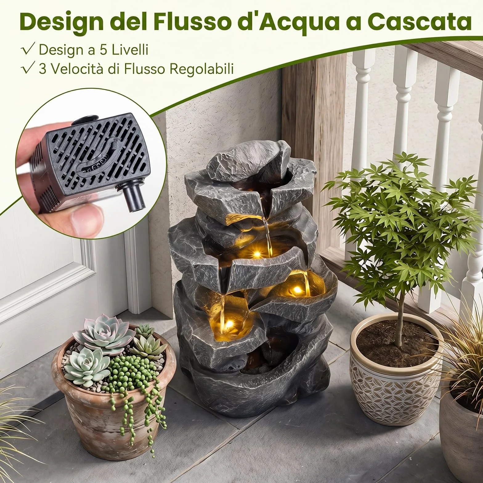 COSTWAY Fontana da Giardino a 5 Livelli, Fontana Cascata da Esterno con Luci e Flusso d'Acqua Regolabile, Fontanella Elettrica a Forma di Roccia con Effetto di Pietra da Terrazza e Balcone